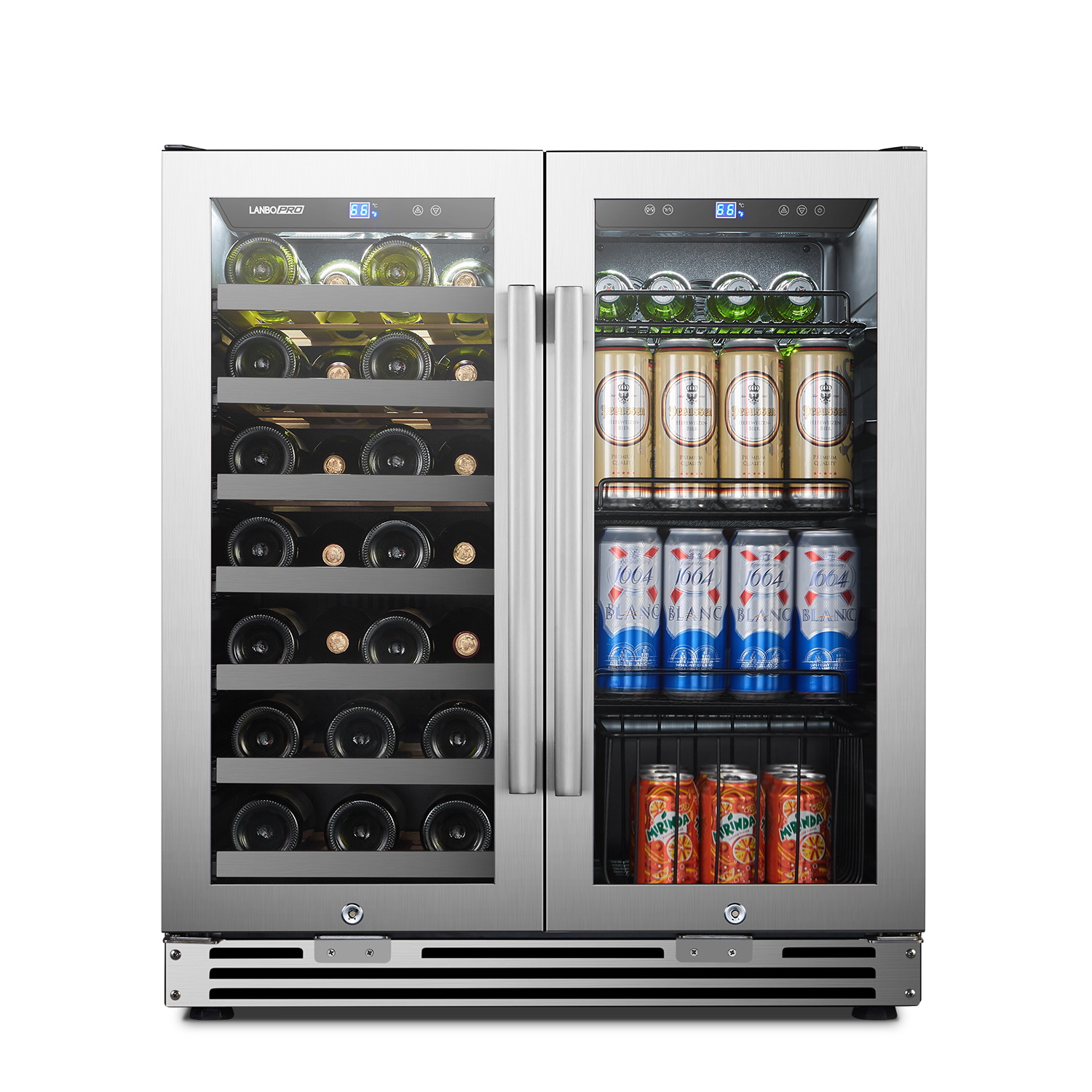 LanboPro 30 Inch Wine and Beverage Cooler, Seamless Stainless Steel Trimmed Built-in or Freestanding, 31 Bottle and 58 Can