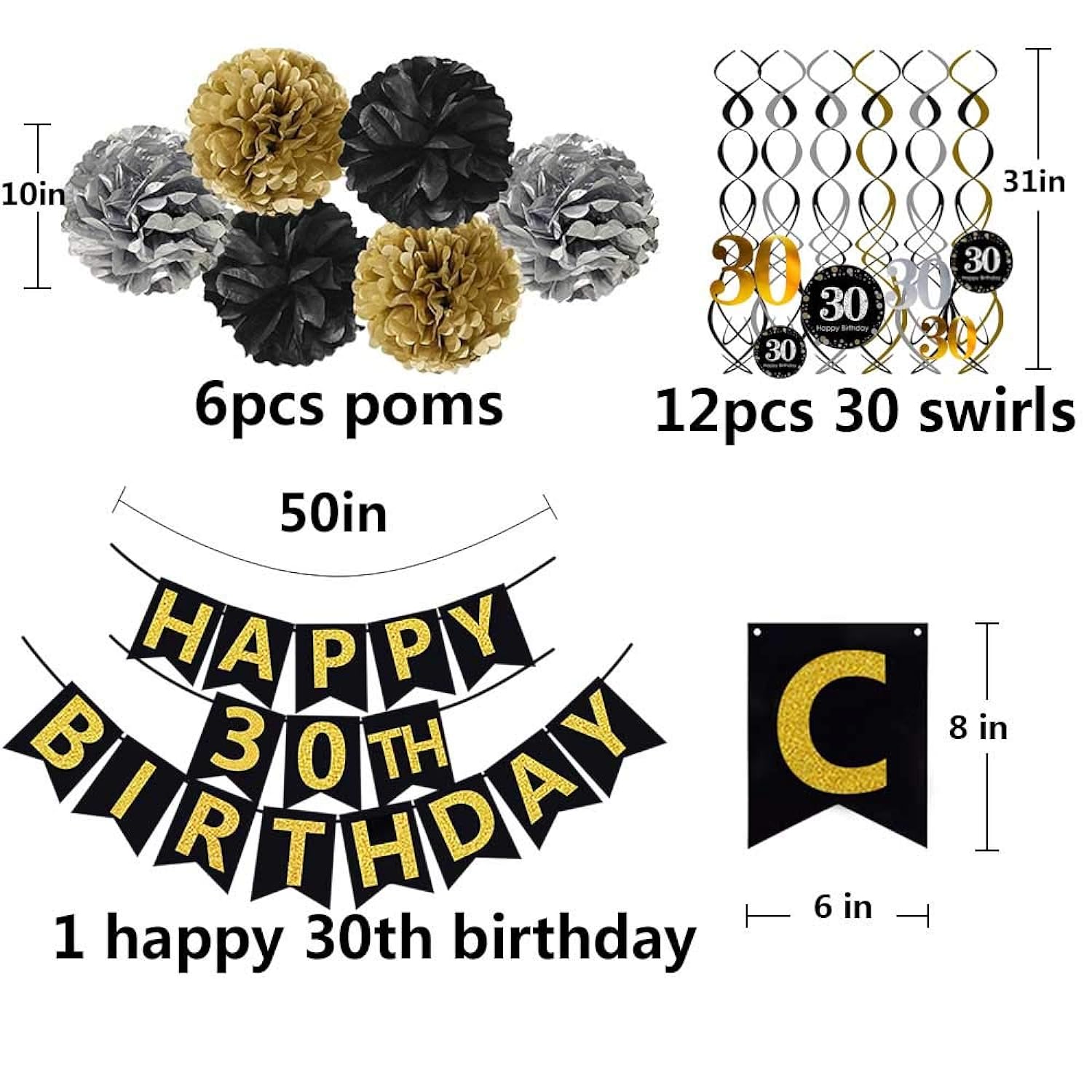 EBD Products Black & Gold Glittery Happy 30Th Birthday Banner,Poms,Sparkling 30 Hanging Swirls Kit For 30Th Birth SEA8184293