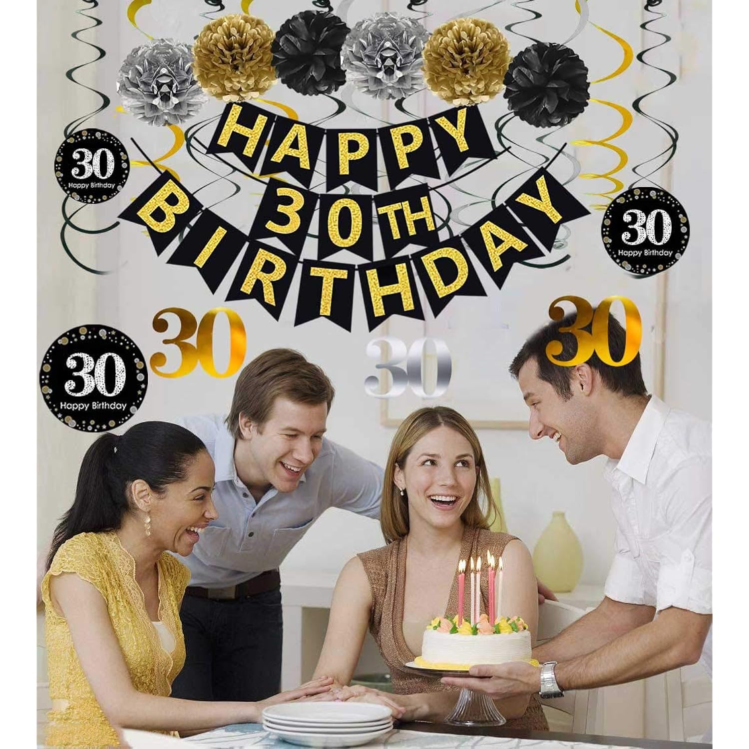 EBD Products Black & Gold Glittery Happy 30Th Birthday Banner,Poms,Sparkling 30 Hanging Swirls Kit For 30Th Birth SEA8184293