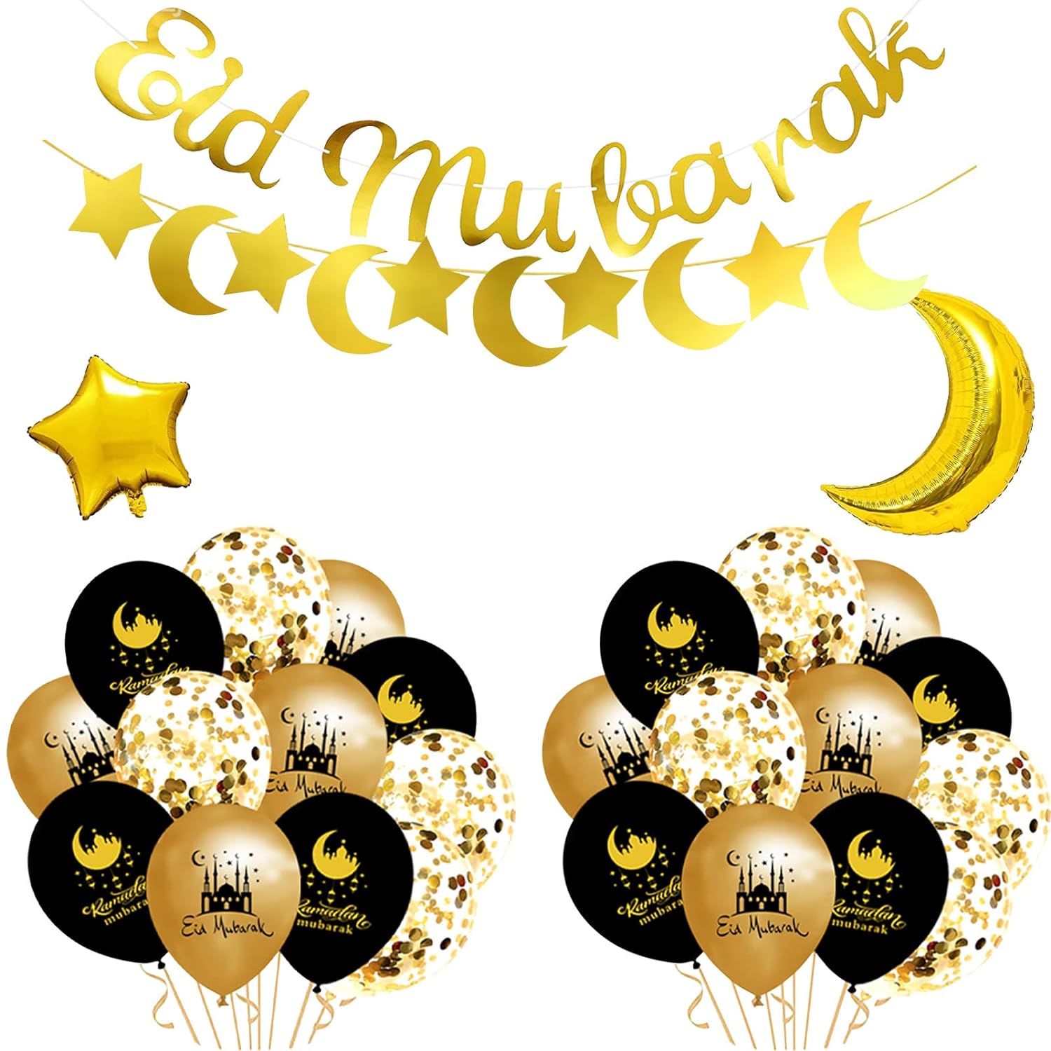 EBD Products Eid Balloons, Eid Mubarak Latex Balloon Black Gold Confetti Printed Balloons Star Moon Foil Balloon  SEA8186108