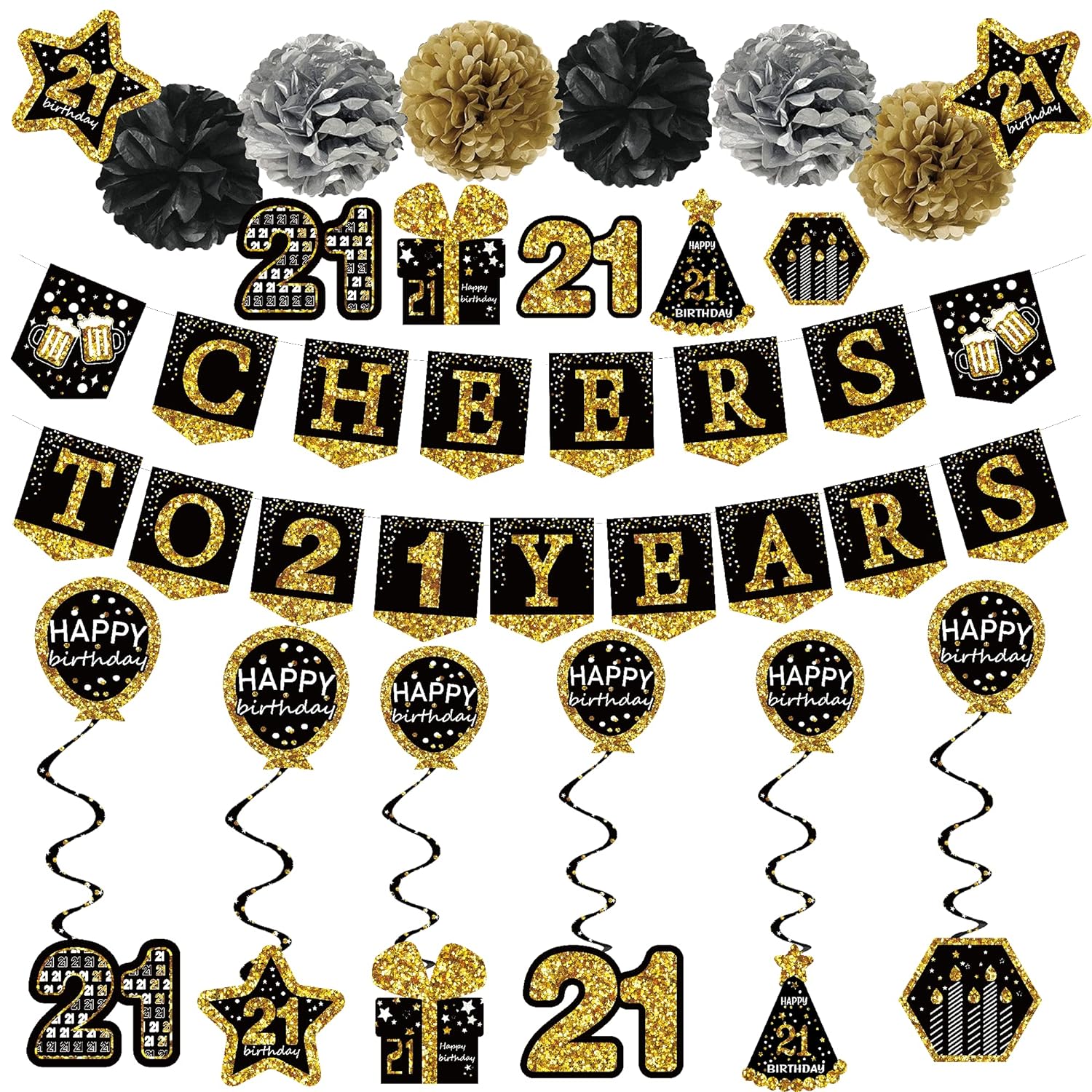 EBD Products 21St Birthday Decorations For Him - (21Pack) Cheers To 21 Years Black Gold Glitter Banner For Him He SEA8185699
