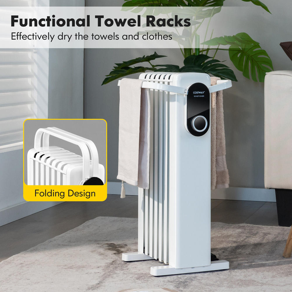 TKM Home 1500W Electric Space Heater Oil Filled Radiator Heater W/ Foldable Rack White