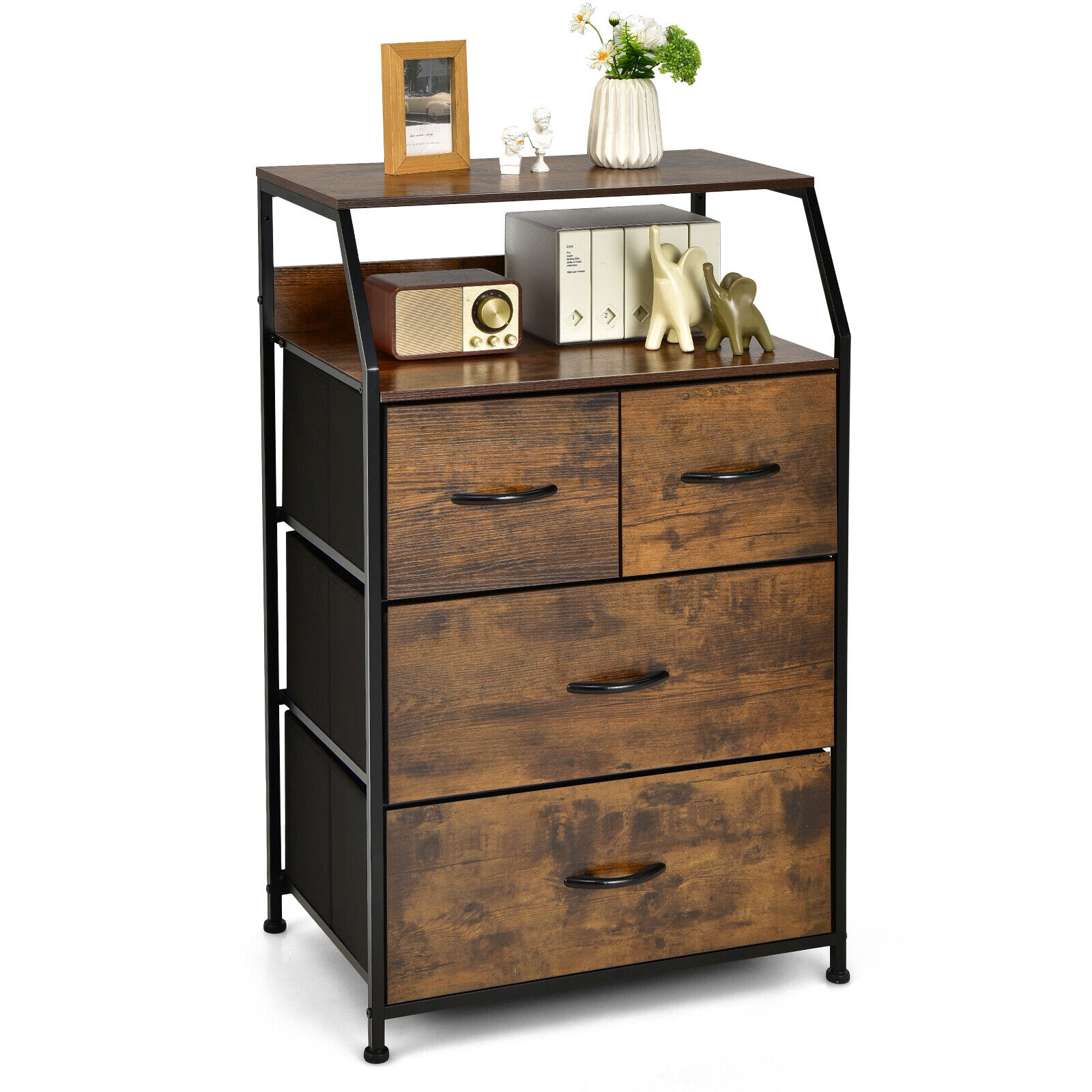 TKM Home 4 Drawer Dresser Tall Wide Storage Organizer Unit W/ Wooden Top Fabric Bins