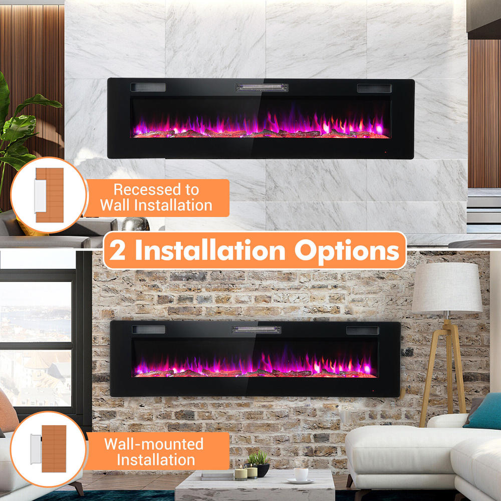 TKM Home 68" Ultra-Thin Electric Fireplace Recessed Wall Mounted W/Crystal Log Decoration