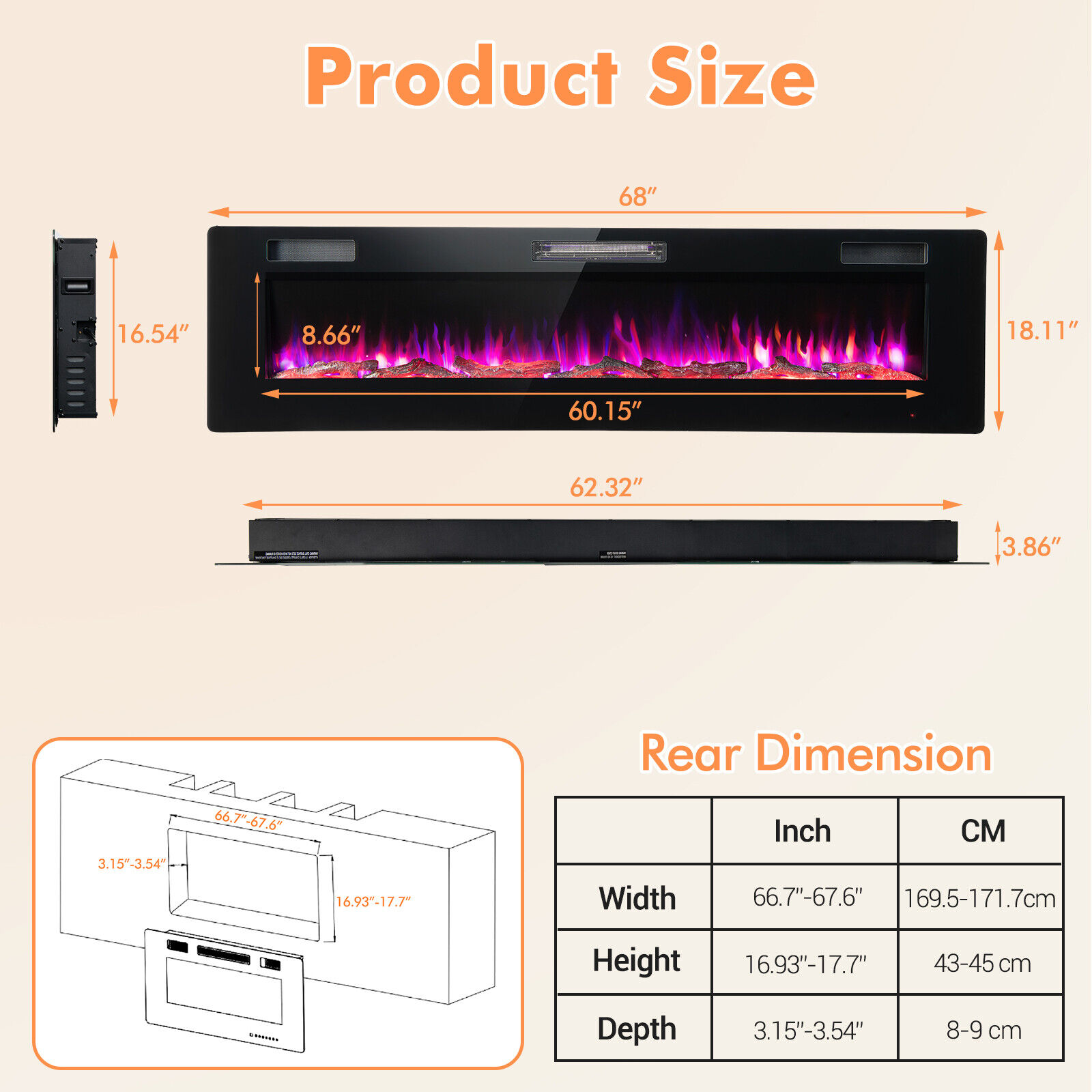 TKM Home 68" Ultra-Thin Electric Fireplace Recessed Wall Mounted W/Crystal Log Decoration