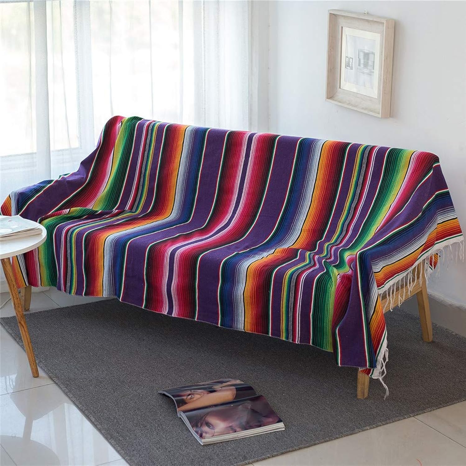 TKM Home Mexican Serape Blanket With Tassel Bright Colorful Stripe Rainbow Throw Blanket Yoga Beach Blanket Tablecloth Sofa C…
