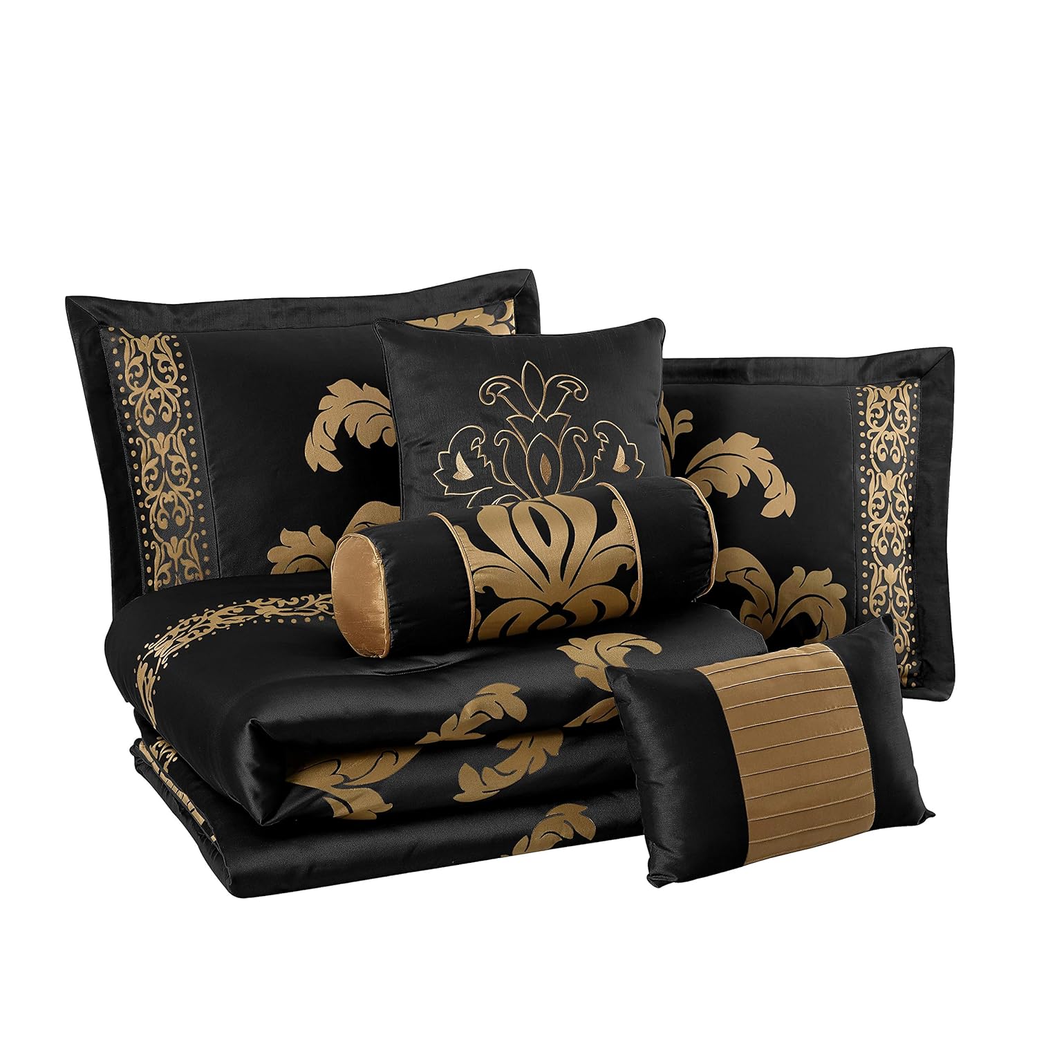 Chezmoi Collection Royale 7-Piece Jacquard Floral Comforter Set, Queen, Black/Gold
