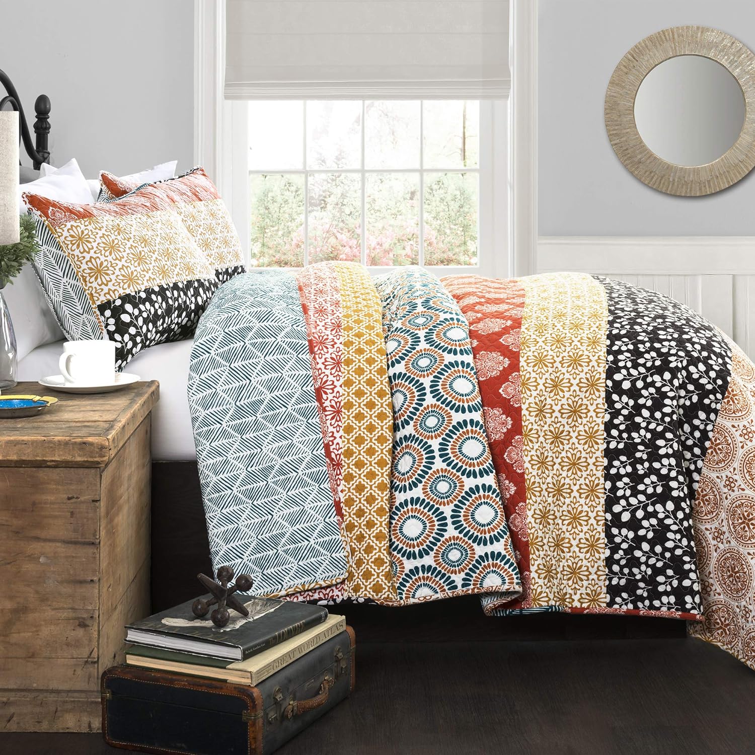 TKM Home Lush Décor Bohemian Striped Quilt Reversible 3 Piece Bedding Set, King, Turquoise
