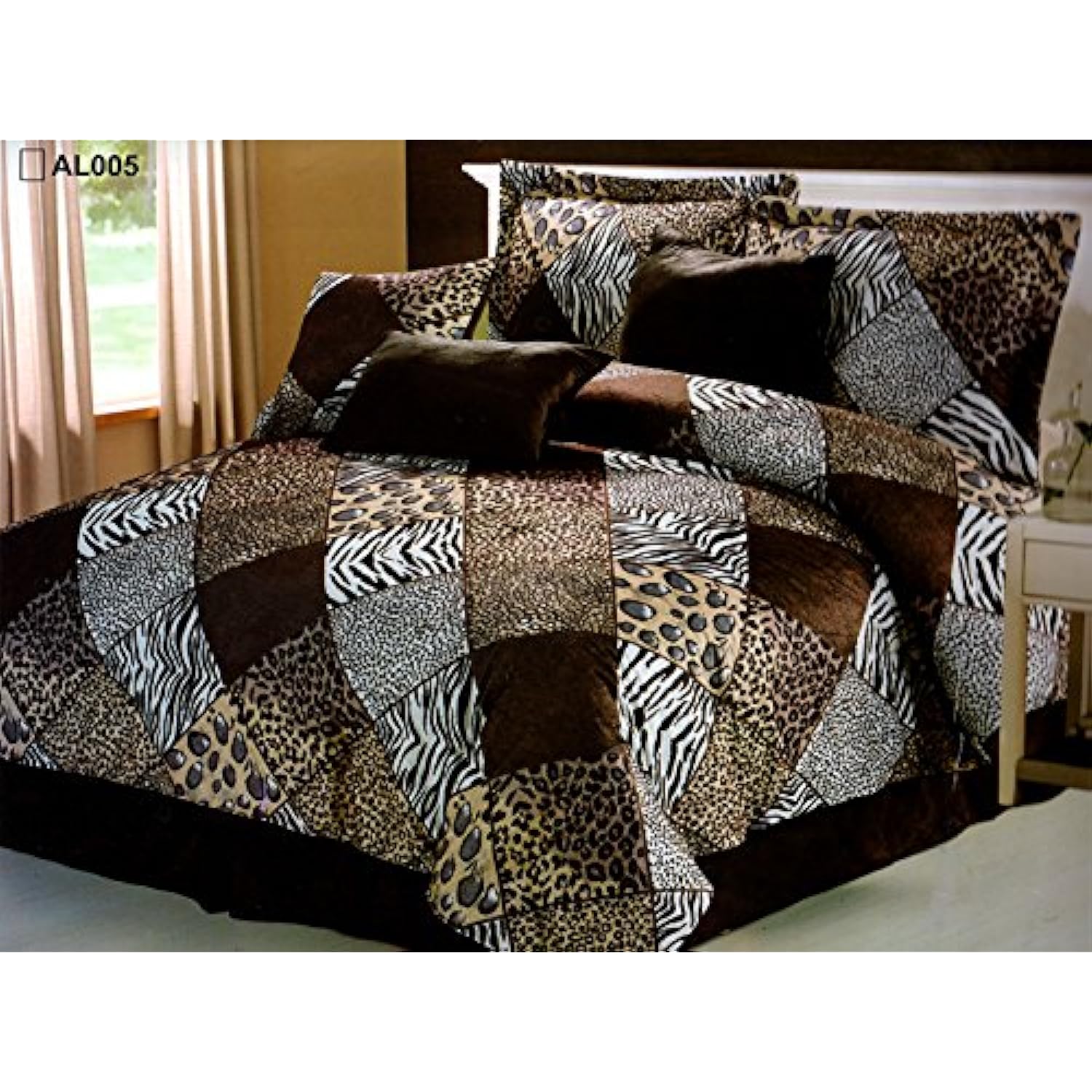 TKM Home Brown/Black/White Comforter Set Animal Print Microfur Bed In A Bag  Queen Size Bedding