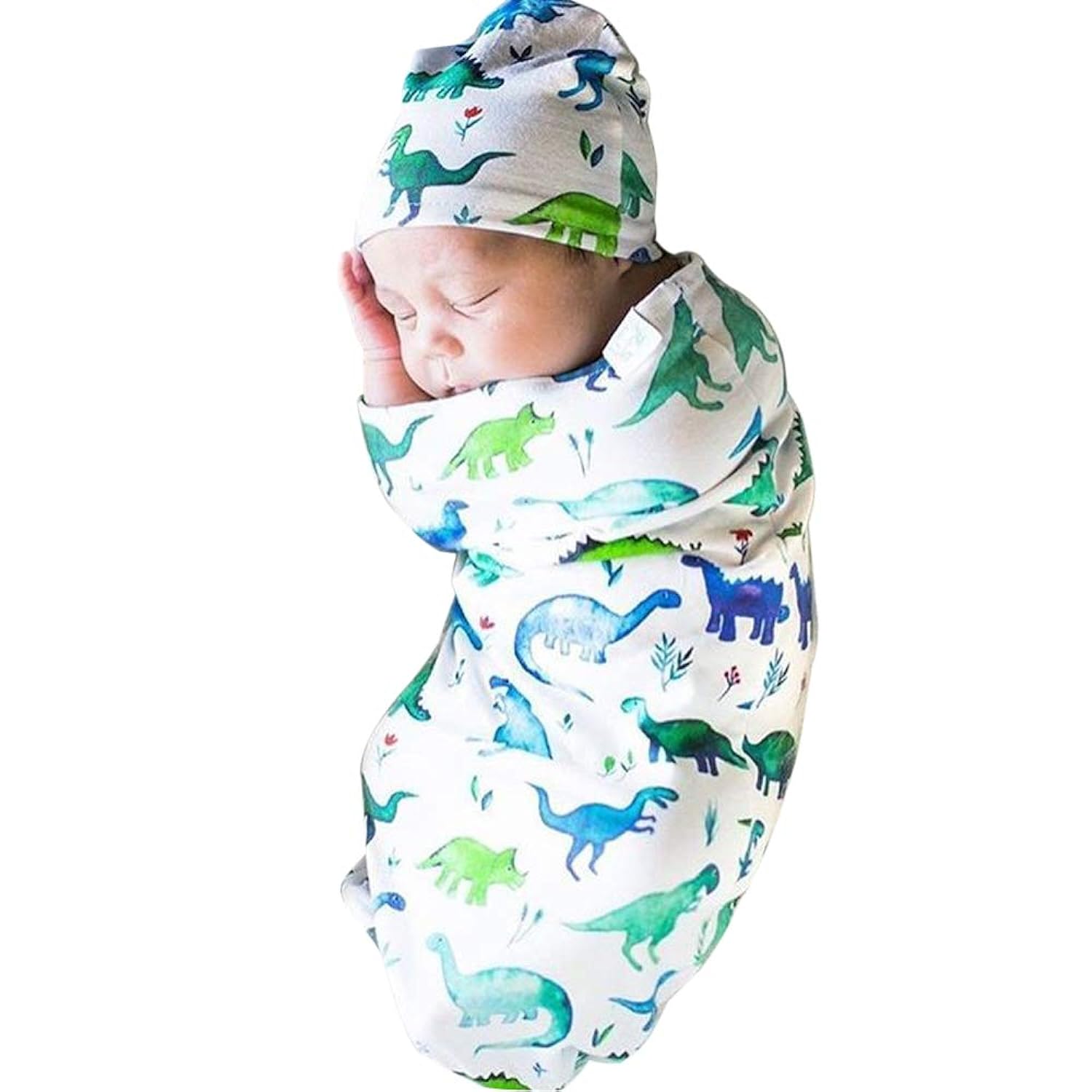 TKM Home Newborn Baby Swaddle Sack With Hat Or Headband Set Soft Sleeping Bag Sack Wrap One Size Dinosaur
