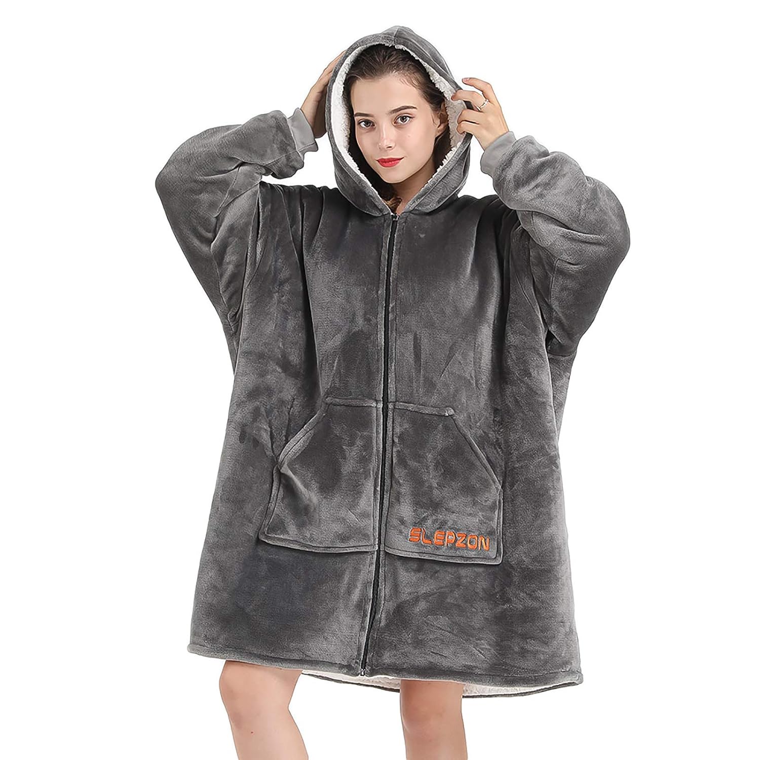 TKM Home Blanket Hoodie | Oversized Wearable Blanket - Deep Pockets, Comfy Sleeves, Front Zipper - Deluxe Fleece - Grey