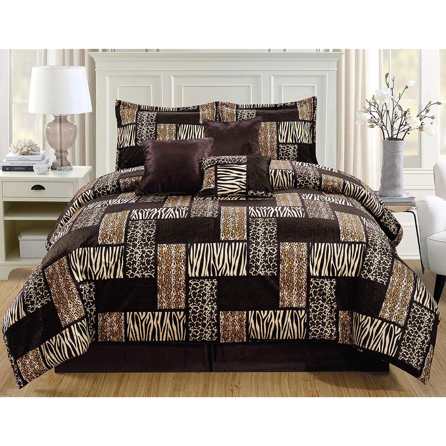 TKM Home 7 Piece King Size Dark Brown Black Animal Print Safari Comforter  Set. Leopard, Zebra, Cheetah Velvet Bedding With Ac…