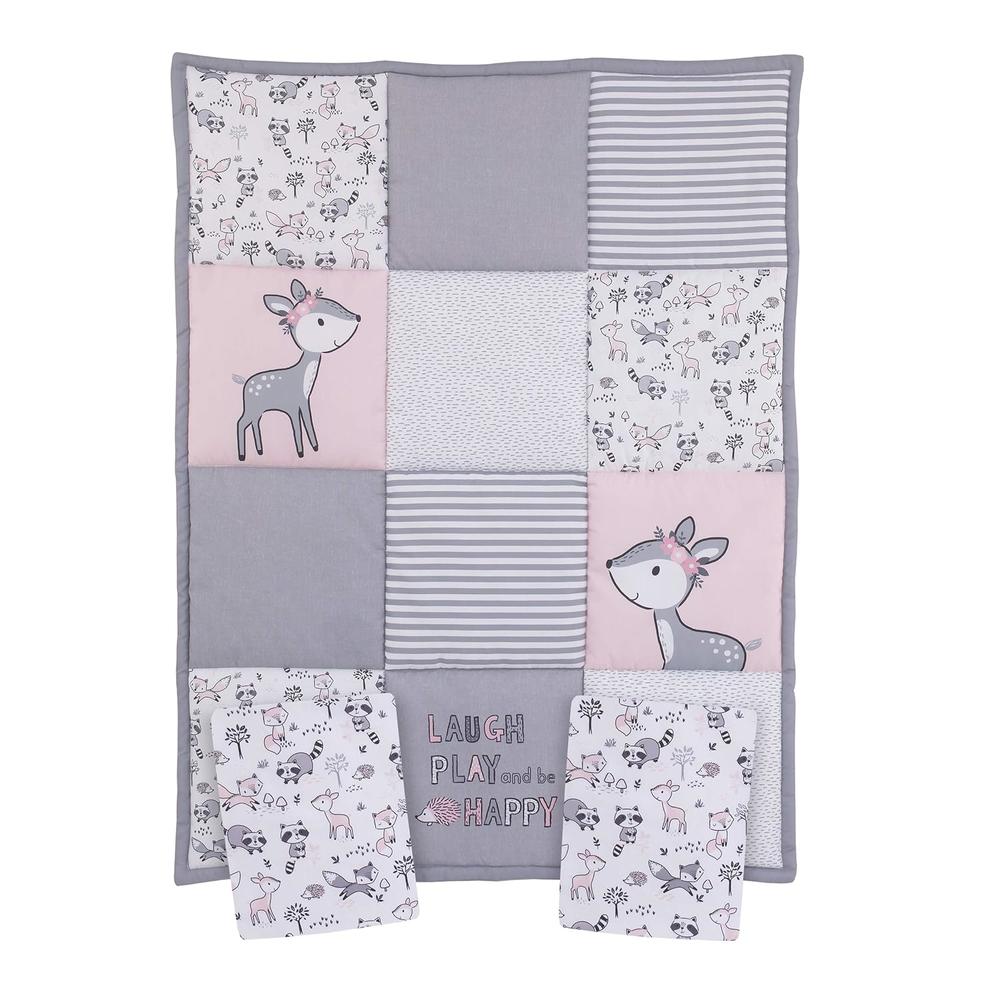 TKM Home Little Love By Sweet Deer, Grey, Pink, White 3Piece Nursery Mini Crib Bedding Set With Comforter, 2 Fitted Mini Crib…