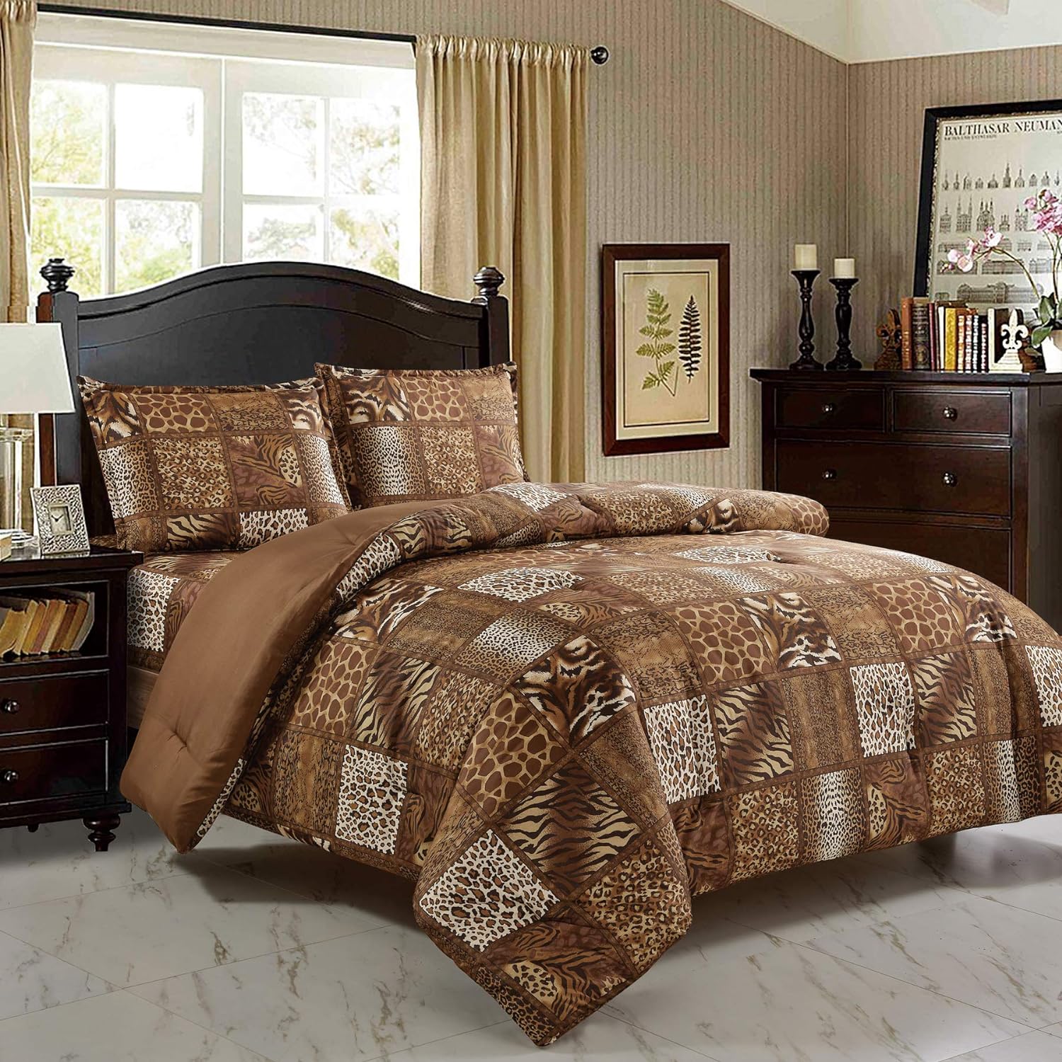 TKM Home 3 Piece Animal Print Comforter With Pillow Sham, Chocolate Brown Leopard  Zebra Giraffe Jungle