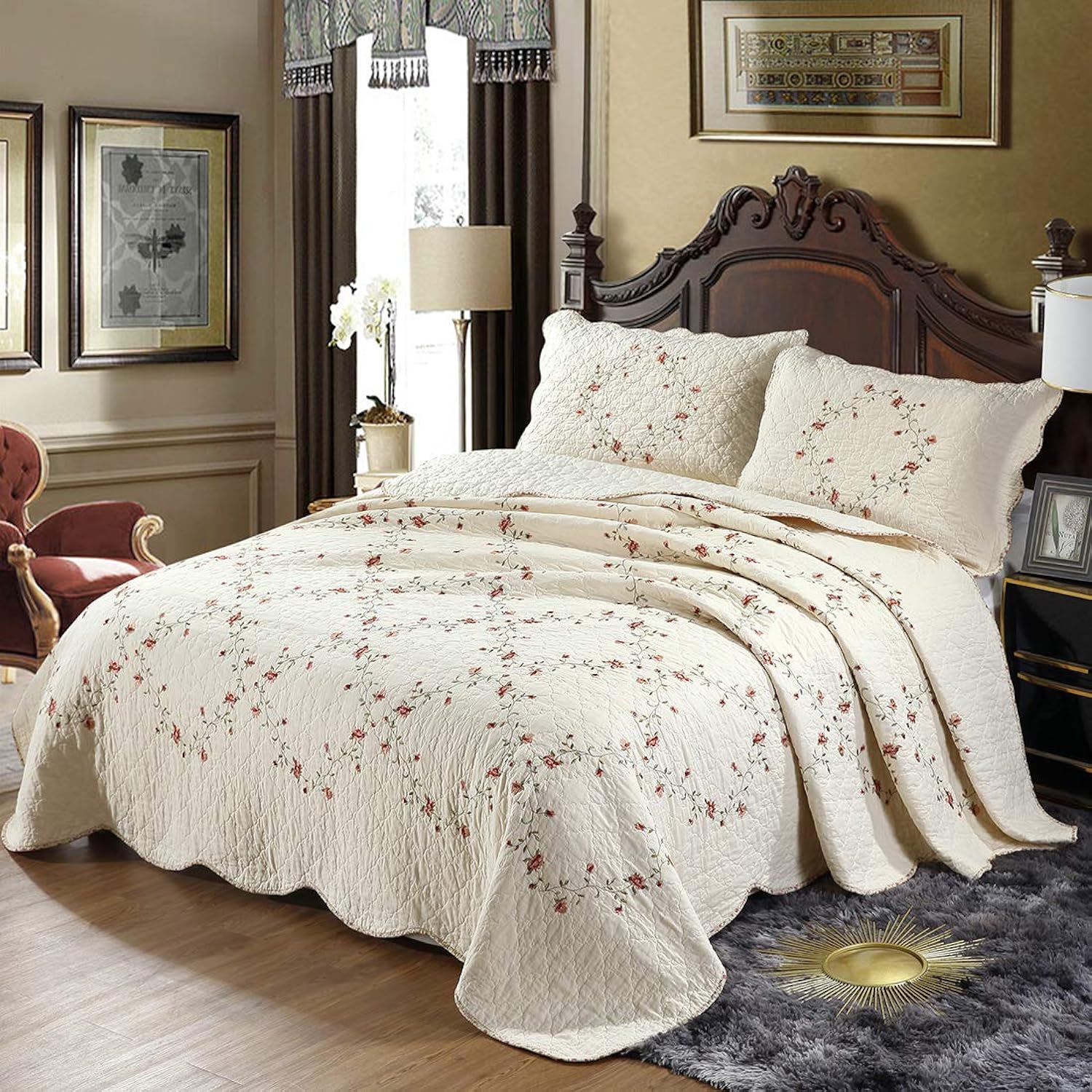 TKM Home 3-Piece Elegant Floral Embroidered Bedspread Coverlet Set Oversize Queen 100% Cotton Reversible Patchwork 1 Quilt An?