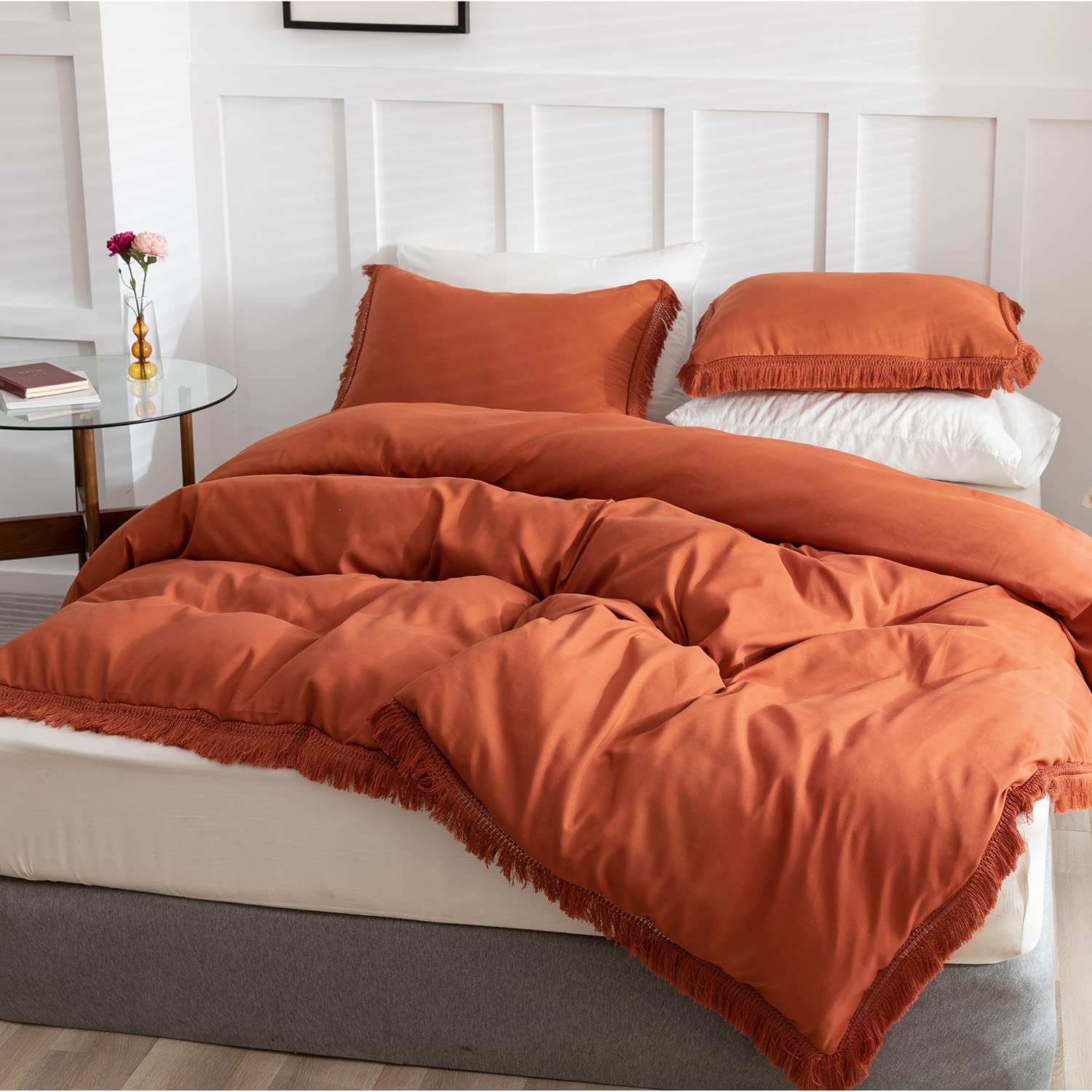 TKM Home 3Pcs Fringe Terracotta Tassel Comforter Set Queen Boho Bohemian Cute Soft Tufted Microfiber Bedding Sets Modern Styl…