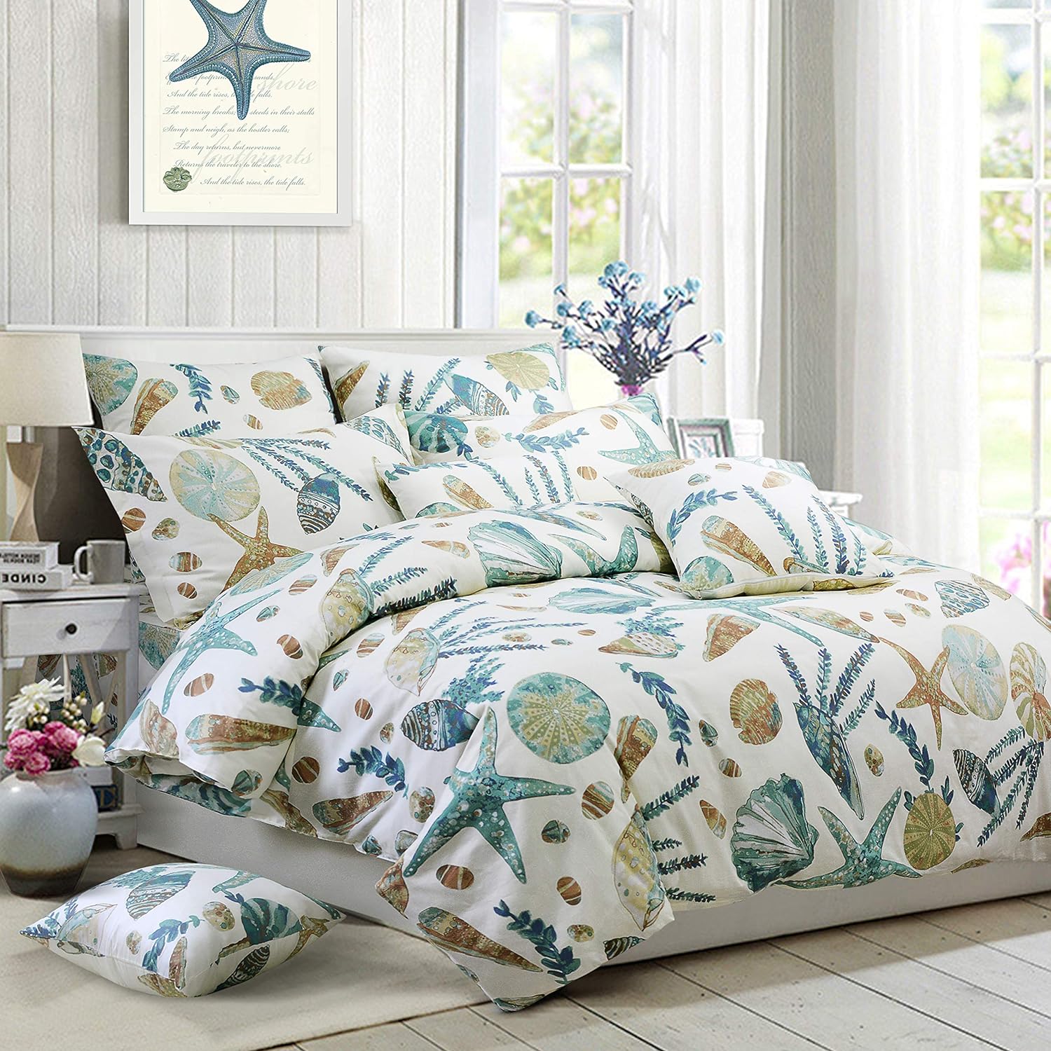 TKM Home Duvet Cover Set Queen Beach Themed Bedding Sets 100% Cotton Super Soft Coastal Bedding White Teal Seashells And Star…