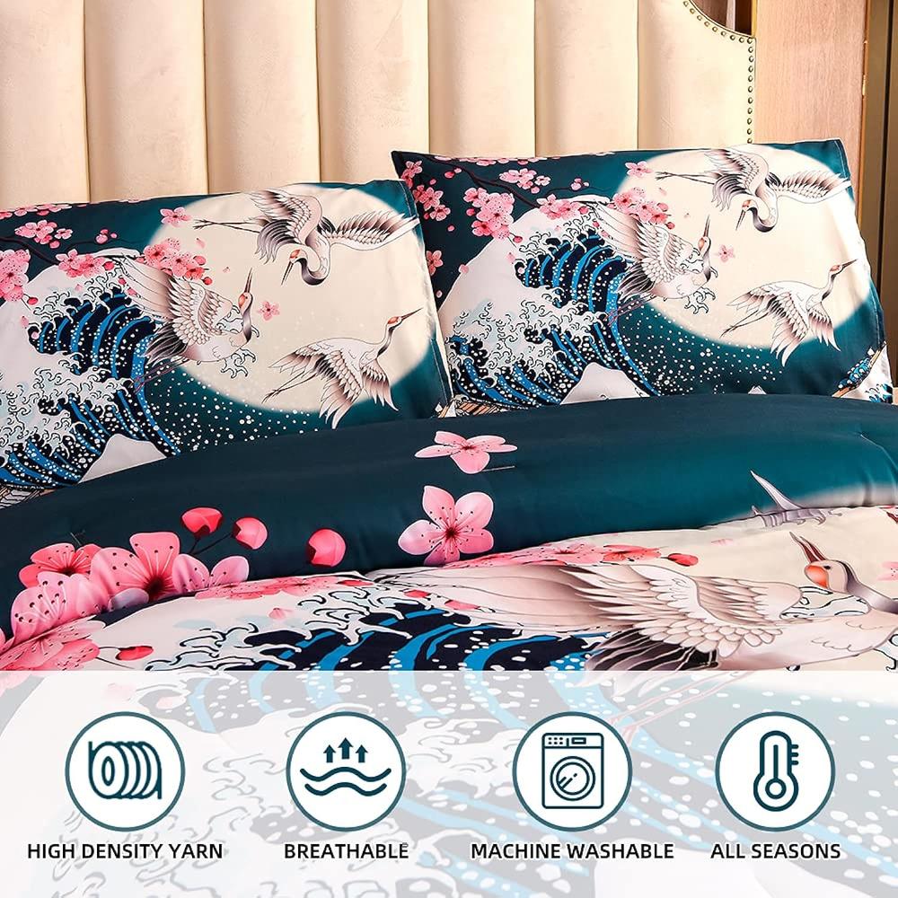 TKM Home Japanese Style Comforter Set Full Size,Cherry Blossoms Crane Printed Decor Bedding Set For Kids Girls Women Bedroom …