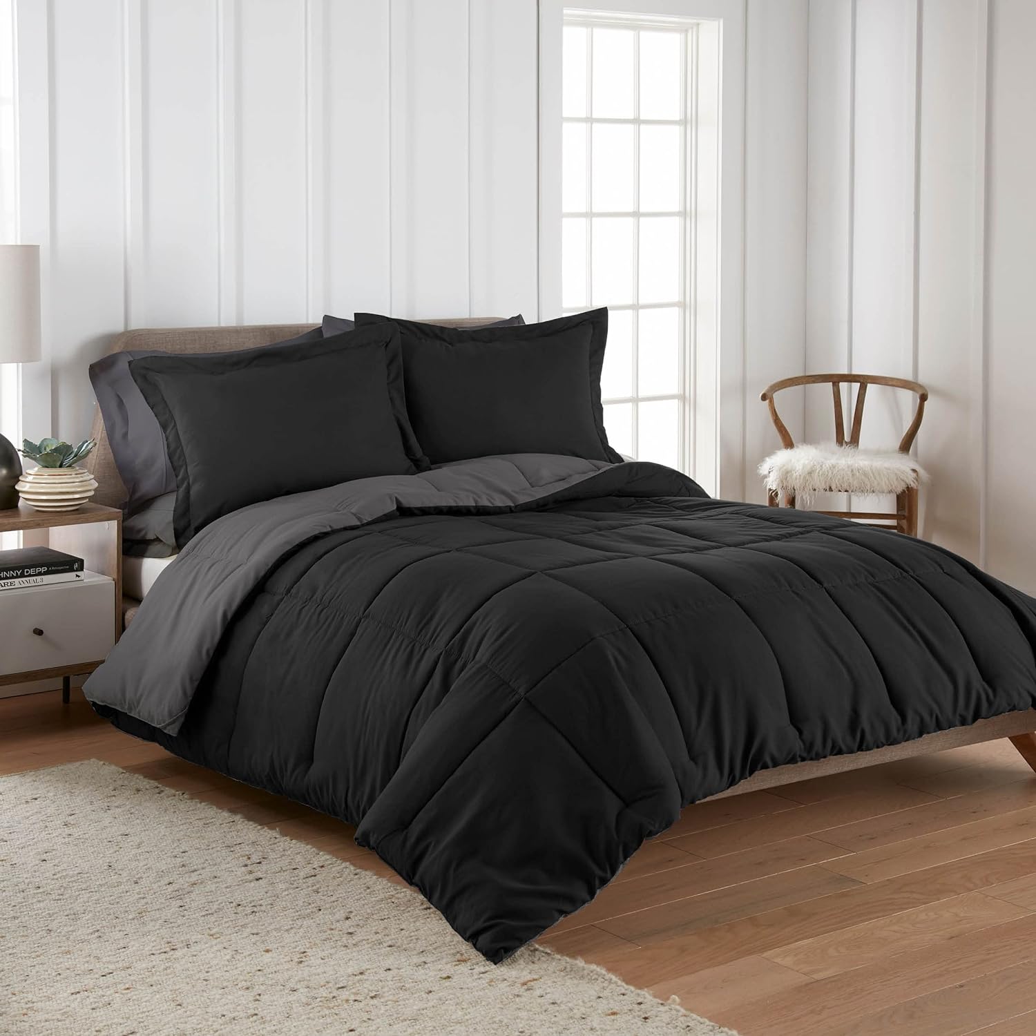 TKM Home 3 Pc Super Soft Black/Grey Reversible Comforter Queen Bed Set Down Alternative Queen Size Bedding Set With 2 Reversi?