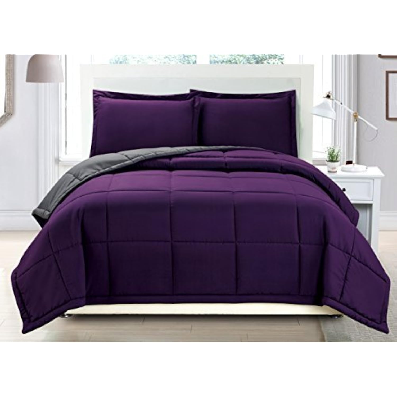 TKM Home 3 Piece Luxury Dark Purple / Grey Reversible Soft Down ...