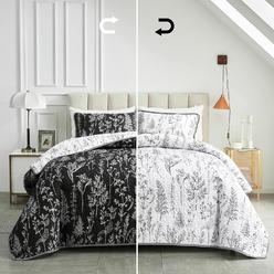 TKM Home 3 Pieces Quilt Set King, Black N White Rversible Botanical Design, Smooth Soft Microfiber Quilt, Bedspread Bed Cover…