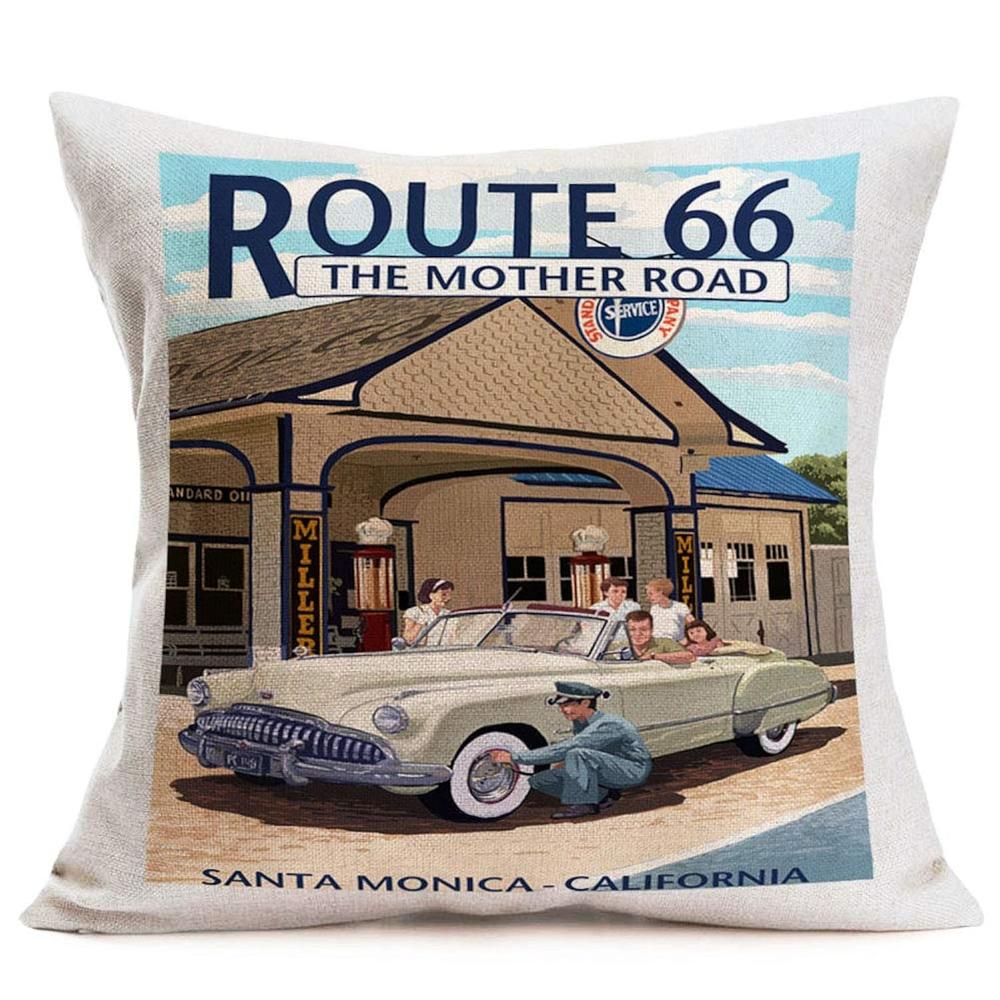 TKM Home Vintage Rustic Pillow Covers Cotton Linen Retro California Route 66 Sign Guidepost Words Lettering Classic Motorcycl…