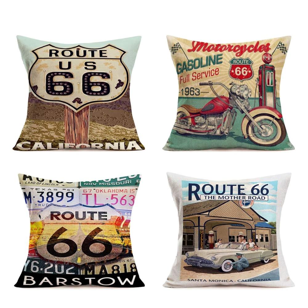 TKM Home Vintage Rustic Pillow Covers Cotton Linen Retro California Route 66 Sign Guidepost Words Lettering Classic Motorcycl…
