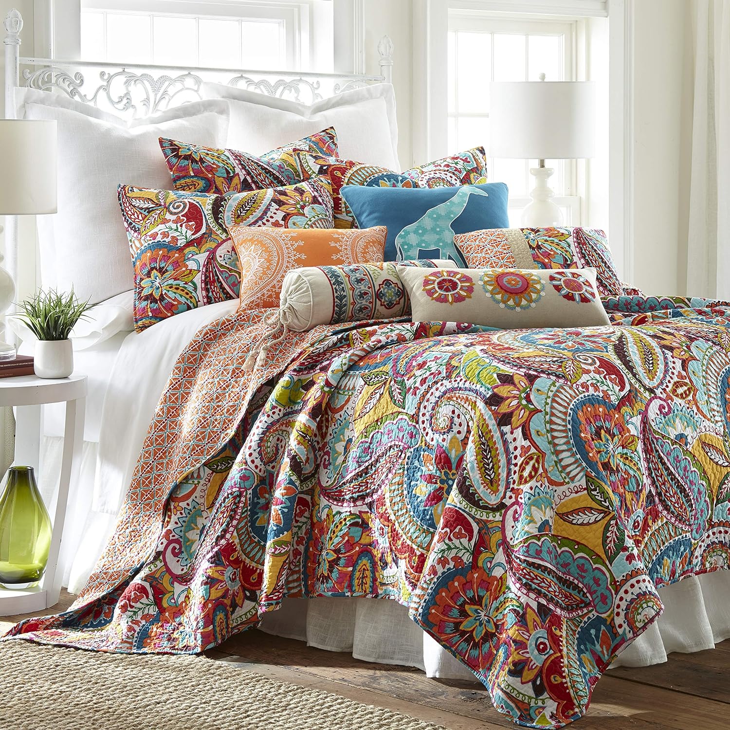 TKM Home Home Rhapsody Quilt Set - King Quilt + Two King Pillow Shams - Paisley In Yellow Orange Red Green Blues - Quilt Size?