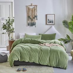 TKM Home Sage Green Flannel Duvet Cover Set Queen Velvet Fluffy Bedding Cover Sets Light Green Soft Warm Comfy 3 Piece Beddin…
