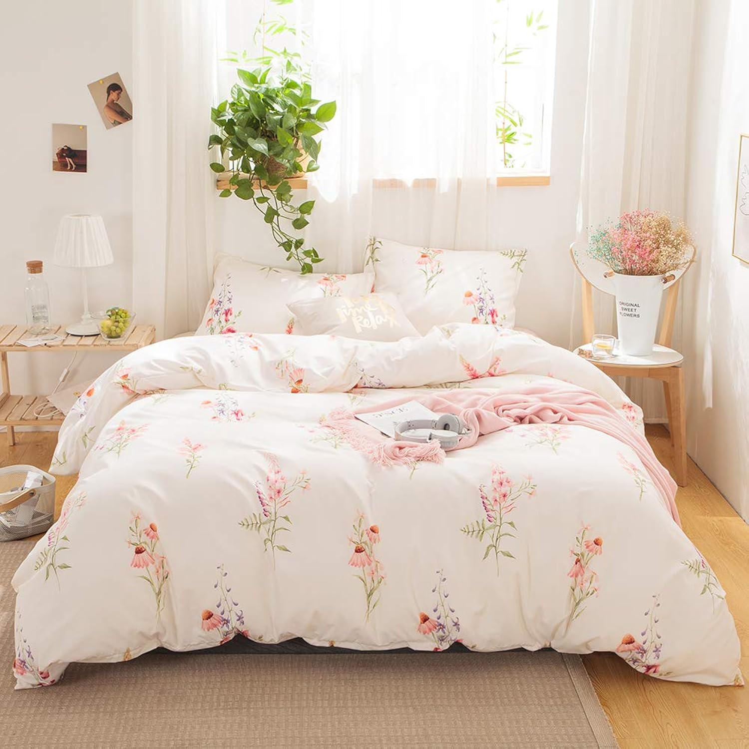 TKM Home Botanical Floral Bedding Pink Flowers Duvet Cover Set Pink Lavender Flowers Printed Design French Country Style Bedd?