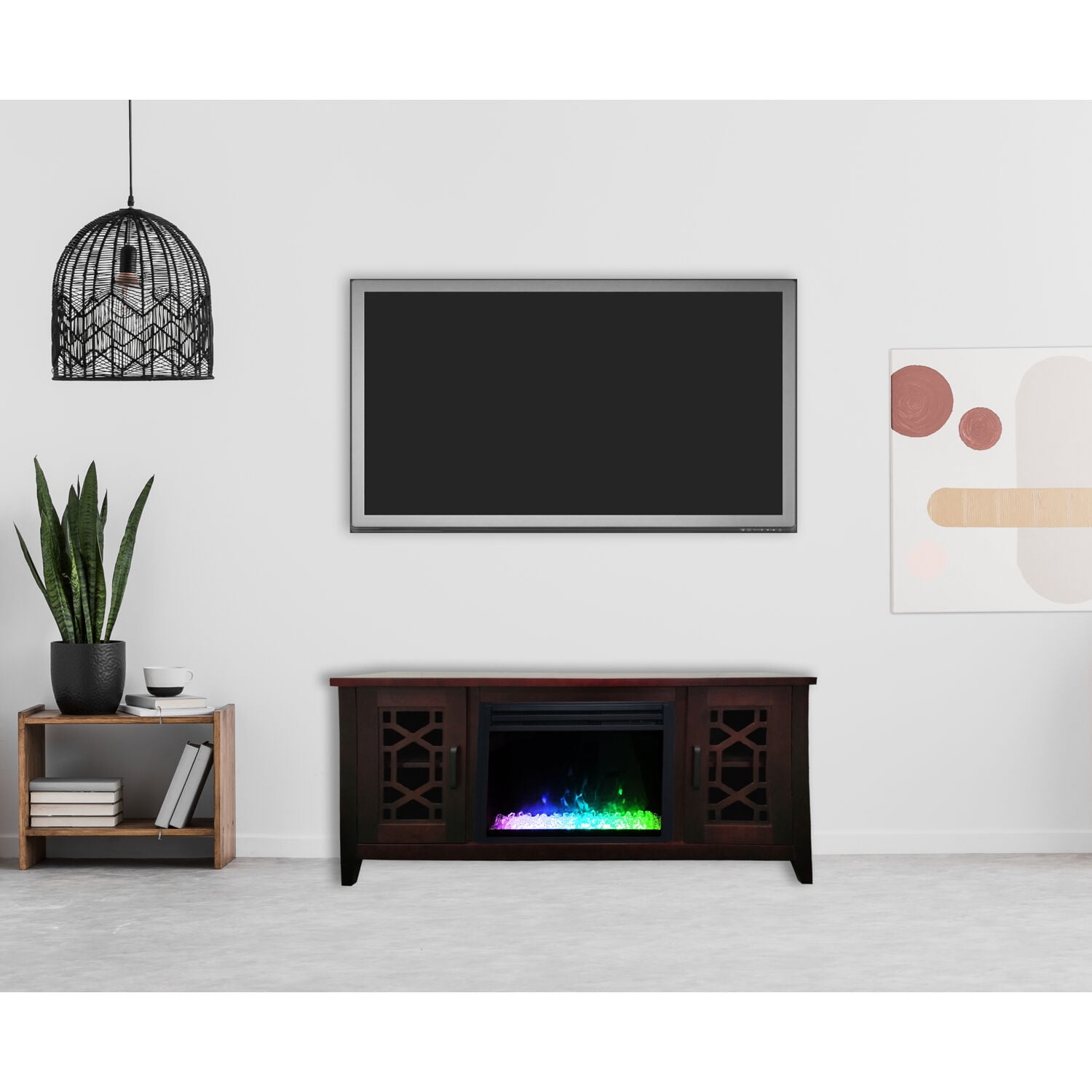TKM Home 56-In. Stardust Mid-Century Modern Electric Fireplace With Deep Multi-Color Crystal Insert, Mahogany