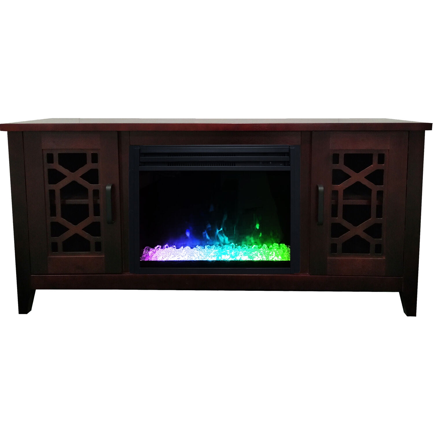 TKM Home 56-In. Stardust Mid-Century Modern Electric Fireplace With Deep Multi-Color Crystal Insert, Mahogany