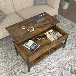 TKM Home Side Table With Storage, Rustic Wood Center Table With Lift-Up Top For Living Room, Hidden Shelf And Metal Frame, Br?