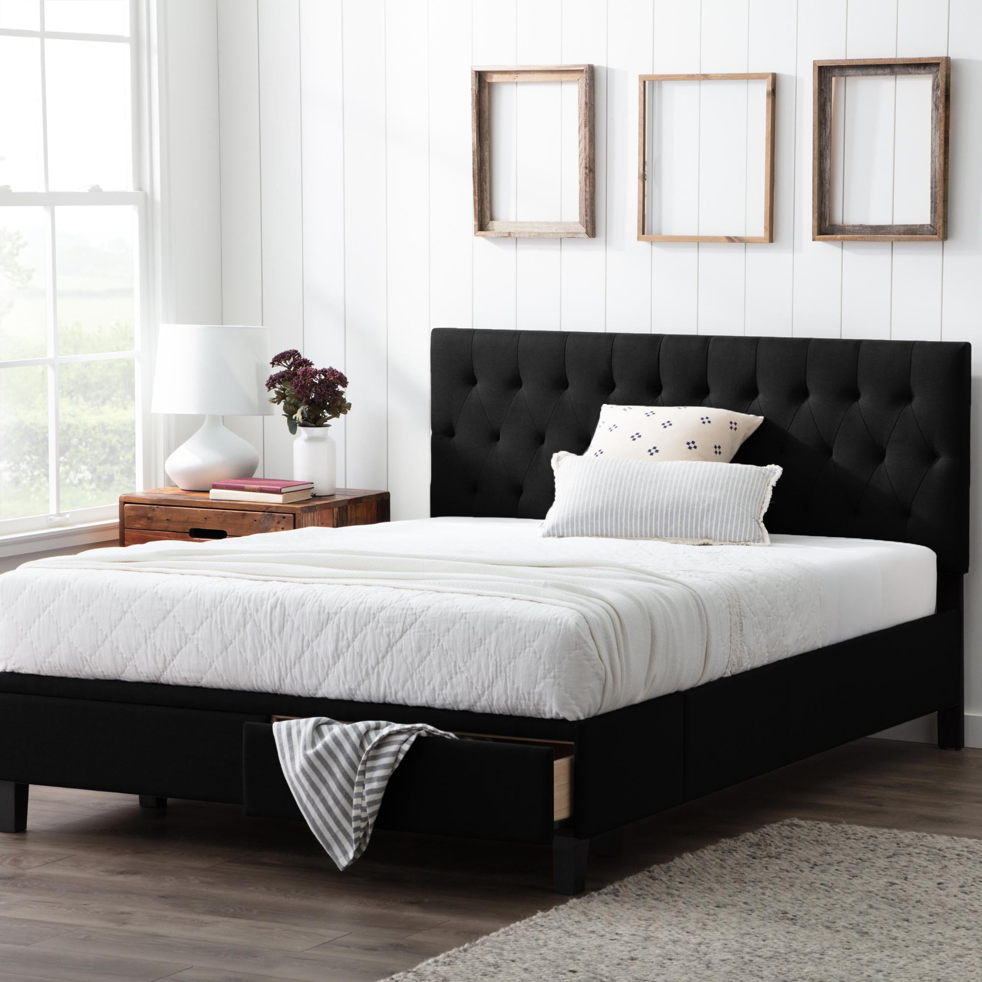 TKM Home Nampa Upholstered Bed With Drawers, Full, Black