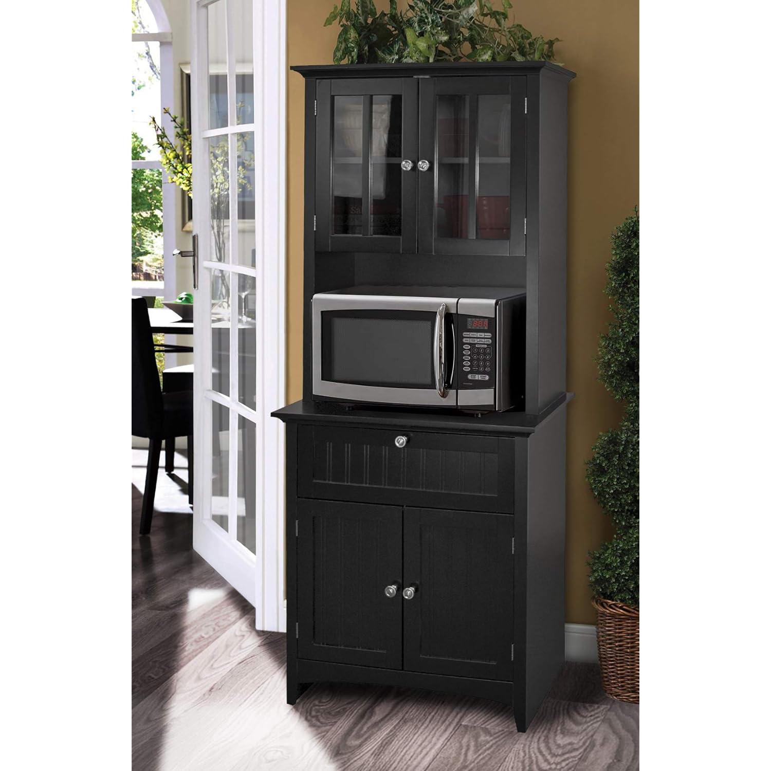 TKM Home Framed Glass Doors And Drawer In Black Kitchen Buffet With Hutch