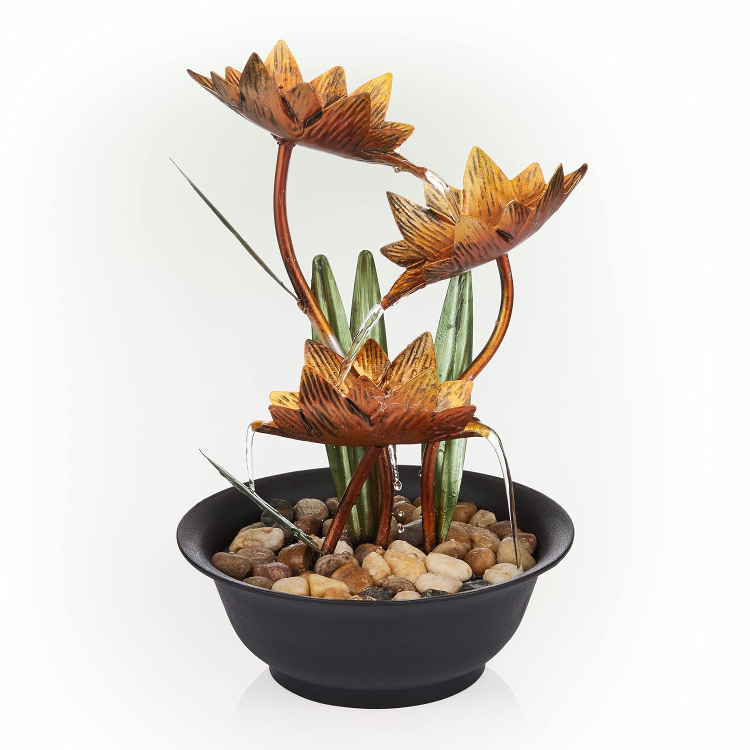 TKM Home Alpine Corporation 13" H Indoor Multi-Tier Metal Lotus Flower Tabletop Fountain with Stone-Filled Base
