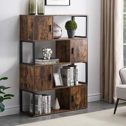 TKM Home 5 Tier Bookcase Rustic Bookshelf With Storage Cabinet, Metal And Wood Book Shelving Display Shelf, Rustic Brown