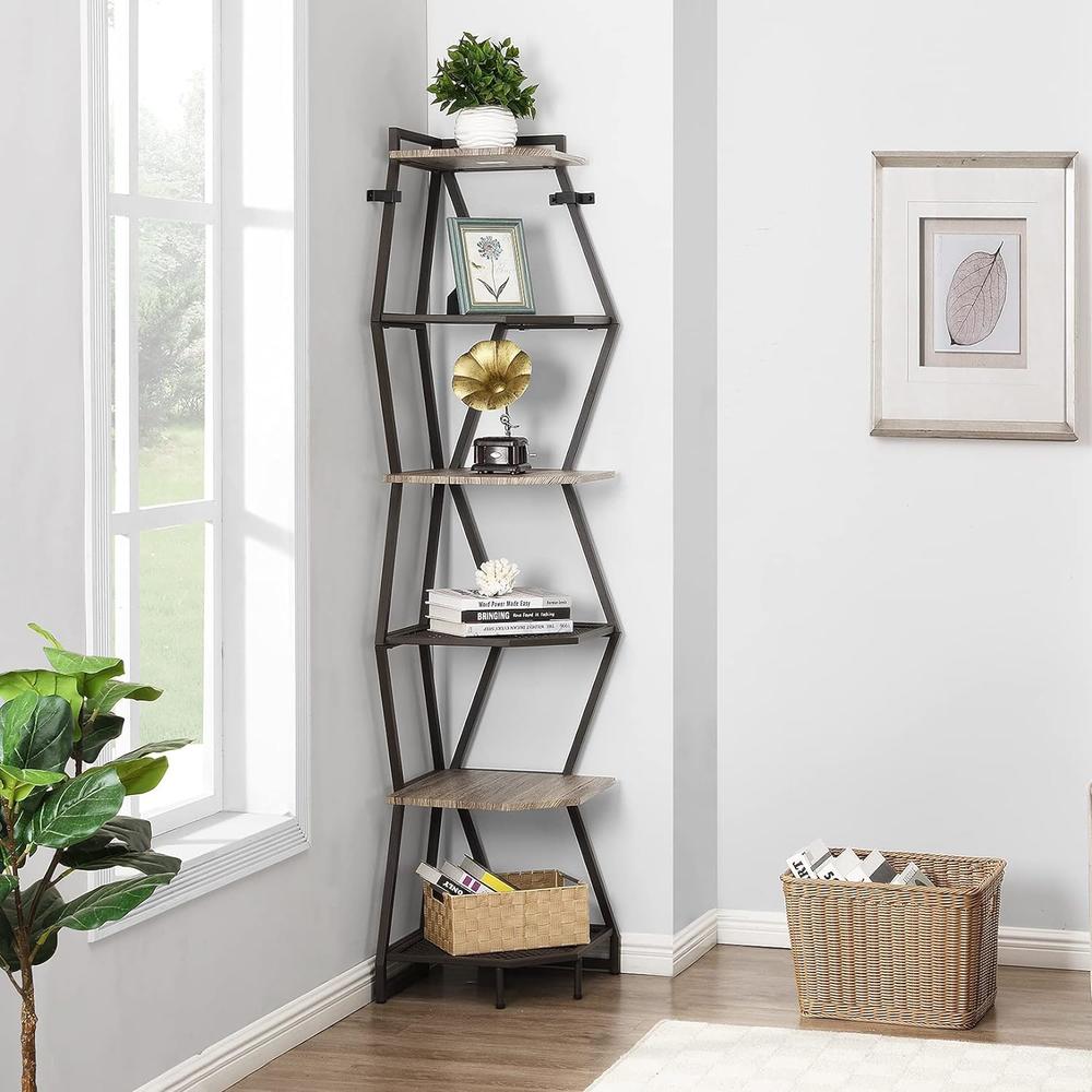 TKM Home 75 Inch Tall Corner Bookcase, Industrial Corner Ladder Shelf, Modern Corner Bookshelf For Living Room, Bedroom And K…