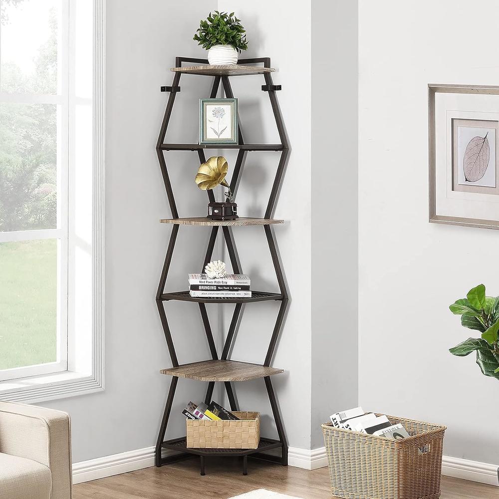 TKM Home 75 Inch Tall Corner Bookcase, Industrial Corner Ladder Shelf, Modern Corner Bookshelf For Living Room, Bedroom And K…