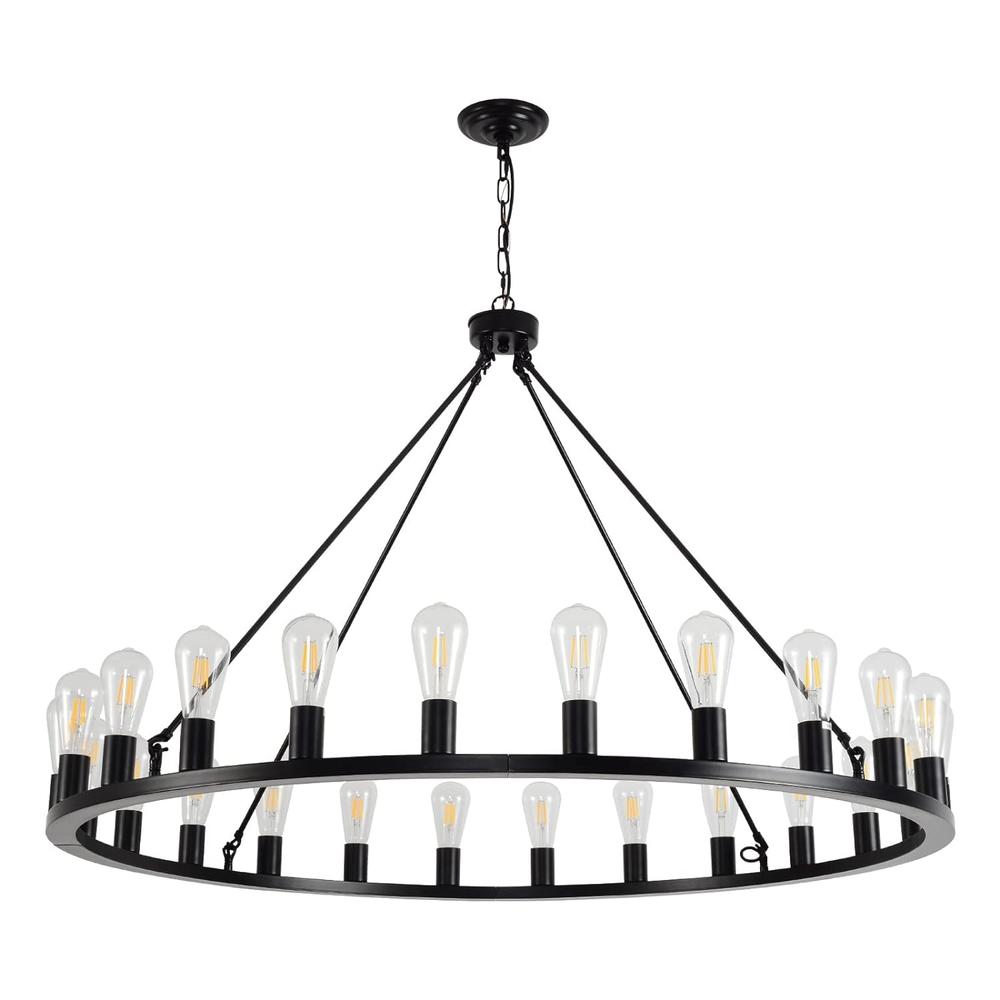 TKM Home Wagon Wheel Chandelier 24-Light 48-Inch, Black Round Rustic Farmhouse Chandelier Extra Large For High Ceilings, Dini…