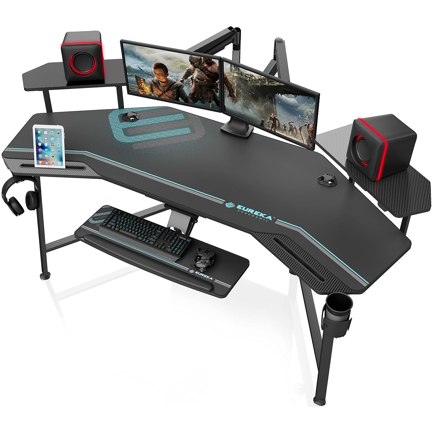 TKM Home EUREKA ERGONOMIC Gaming Desk with Led Lights, 72" Large Wing-Shaped Studio Desk W Keyboard Tray Monitor Stand Dual Headphone ?