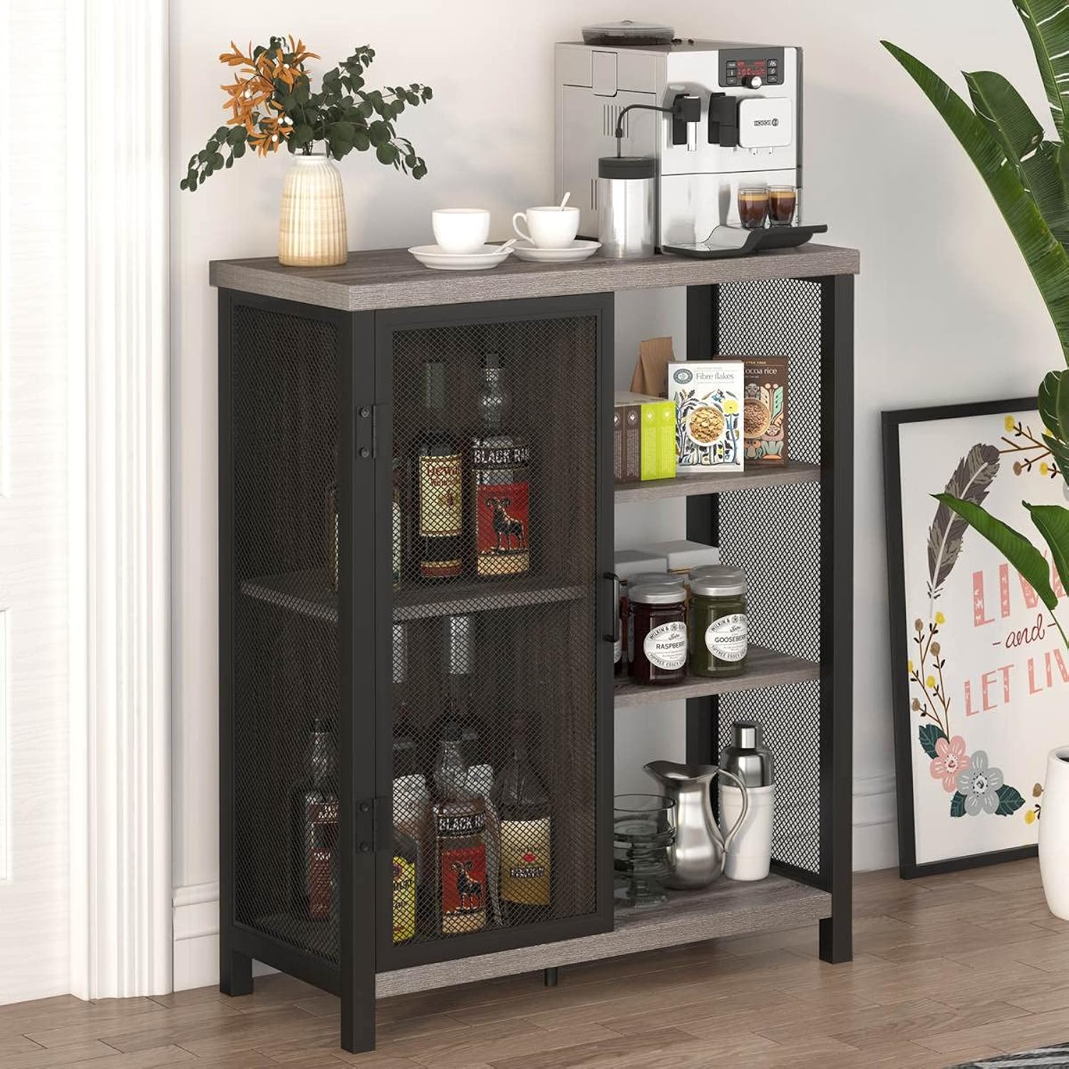 TKM Home Farmhouse Coffee Bar Cabinet With Storage, Industrial Accent Cabinet With Adjustable Shelves, Rustic Small Buffet An?