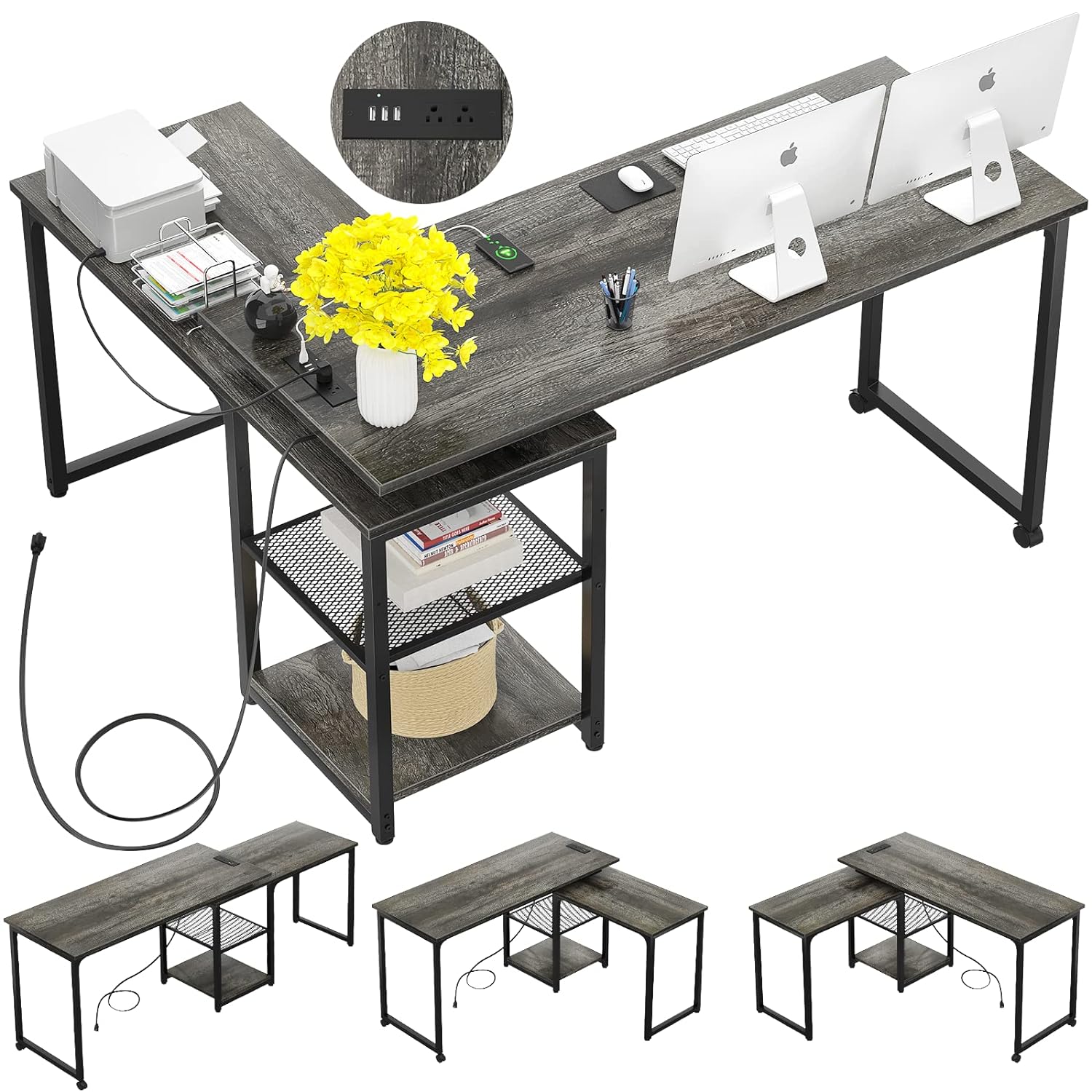 TKM Home L Shaped Desk With Outlets And Usb Ports, 360° Rotating L-Shaped Desk, 71 Inch Reversible Computer Desk With Adjusta?
