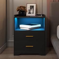 TKM Home Black Nightstand With Charging Station,Night Stands With 2 Drawers,Smart Nightstand Bedside Table Led Nightstand Bla?