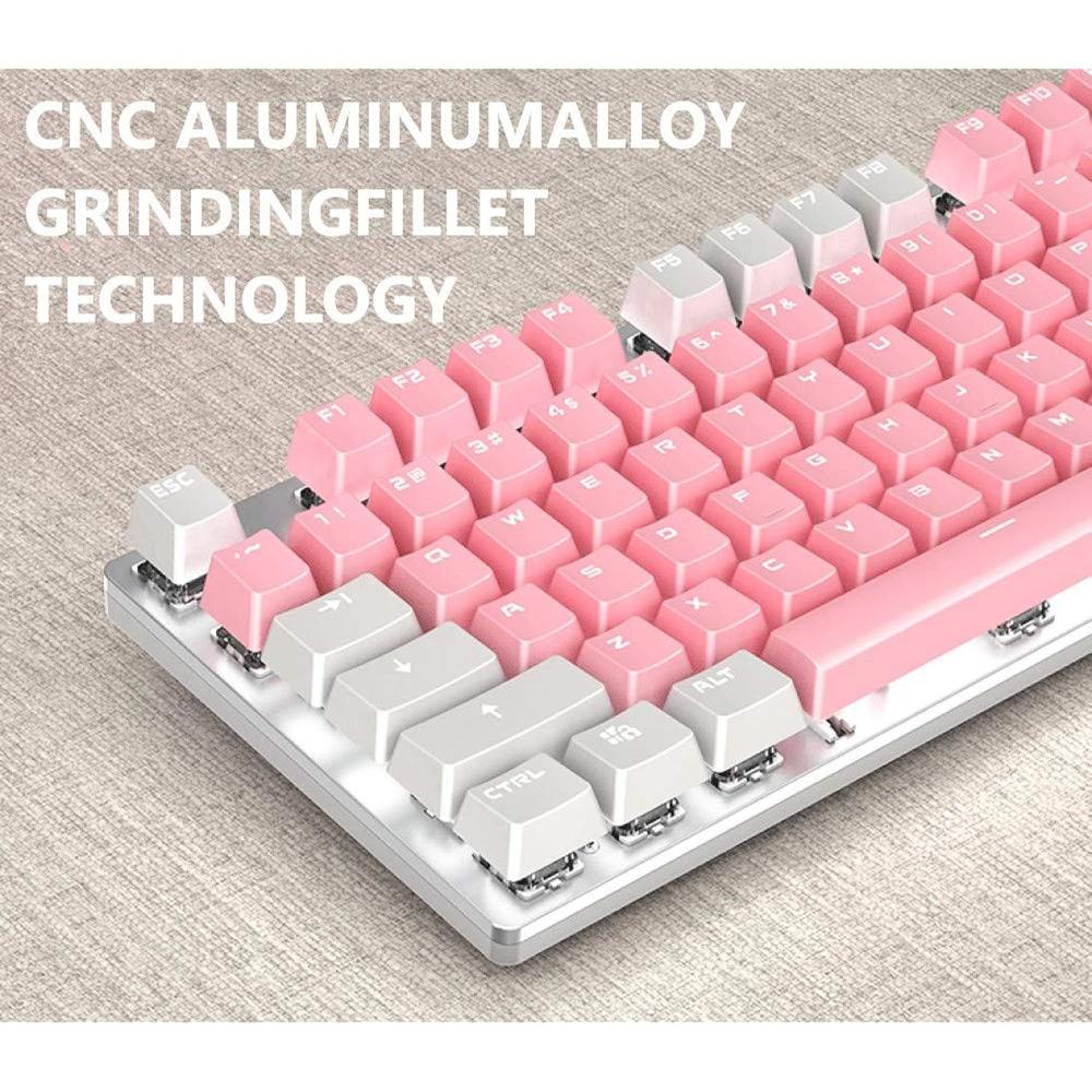 TKM Computers Mechanical Gaming Keyboard, With Multimedia Knob, Wrist Rest, Metal Panel, White Led Backlit, Pink And White Pb…