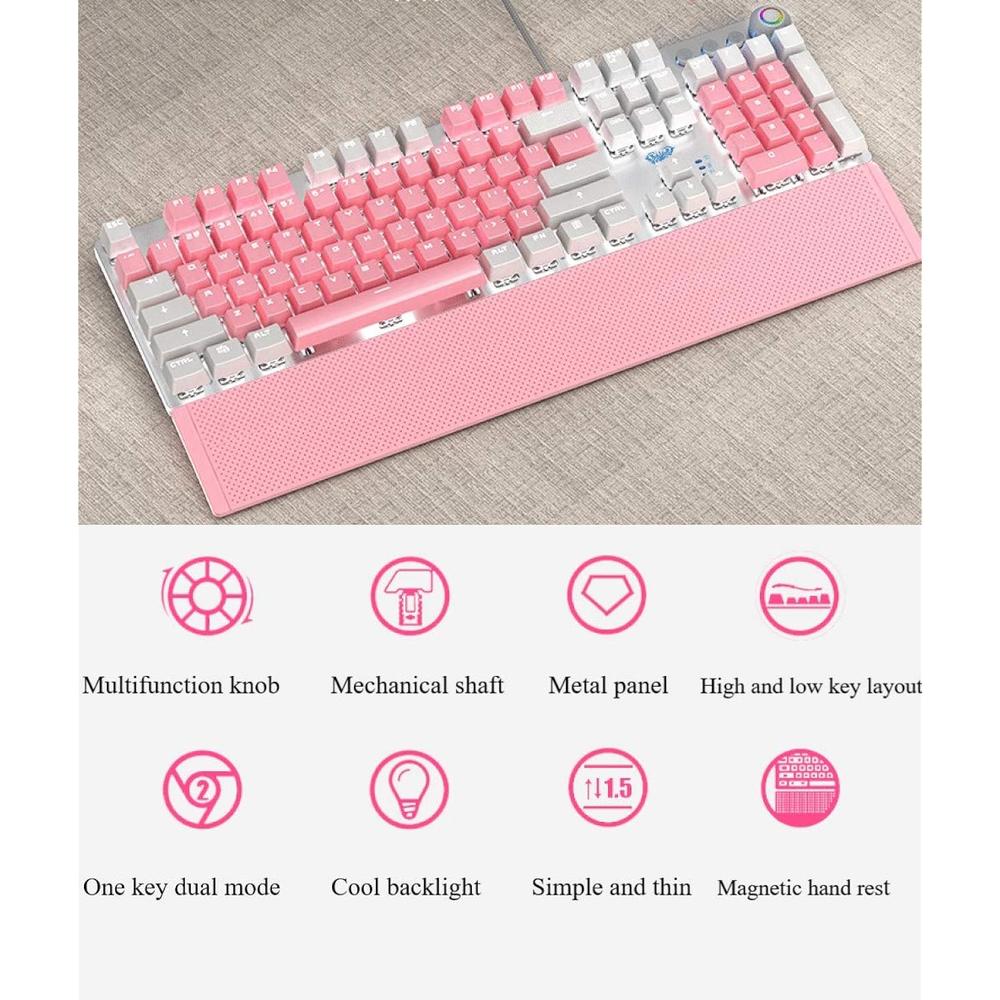 TKM Computers Mechanical Gaming Keyboard, With Multimedia Knob, Wrist Rest, Metal Panel, White Led Backlit, Pink And White Pb…