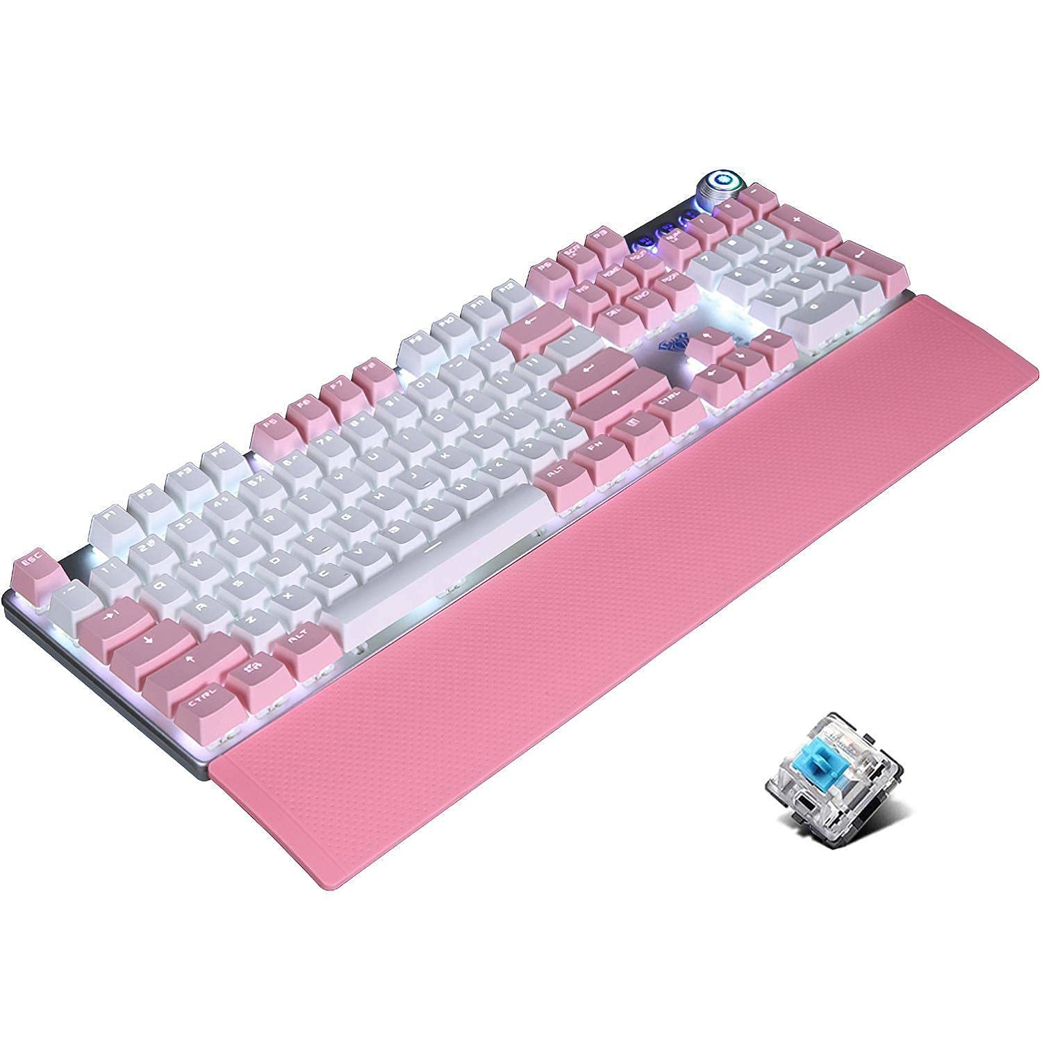 TKM Computers Mechanical Gaming Keyboard, With Multimedia Knob, Wrist Rest, Metal Panel, White Led Backlit, Pink And White Pb?