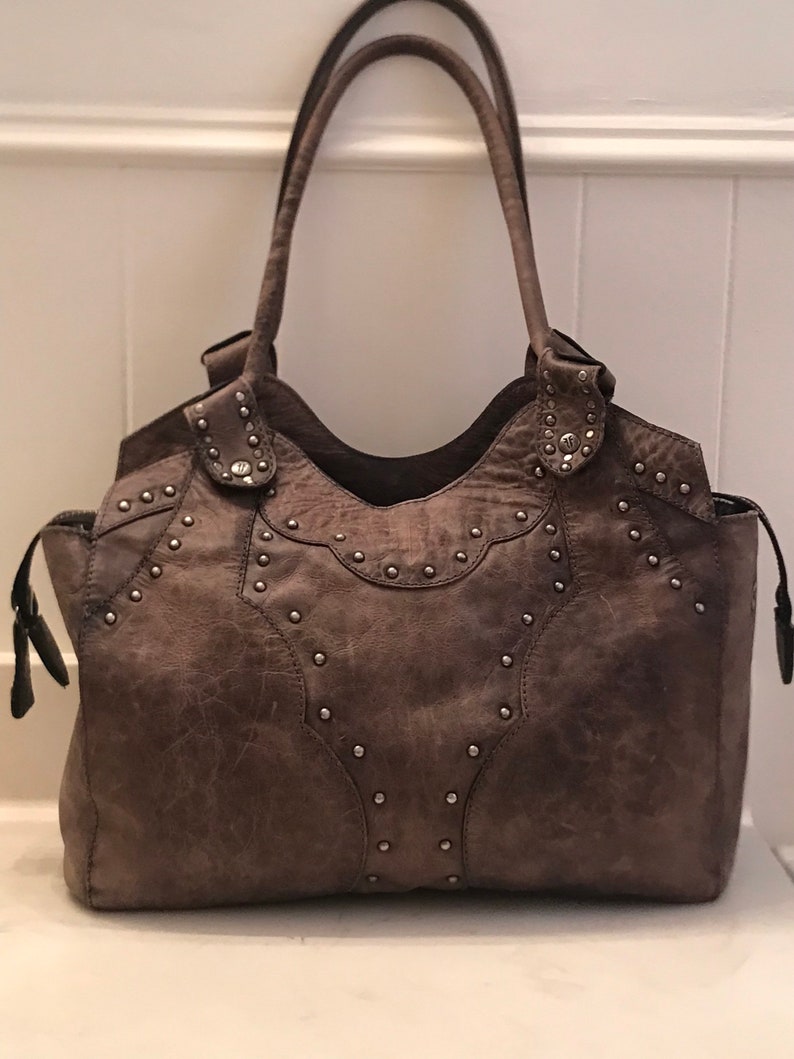 Great Choice Products Large Gently Used Brown Distressed Leather/Canvas Frye Bag With Double Top Handle Or Shoulder Straps Embellished With Studs ..