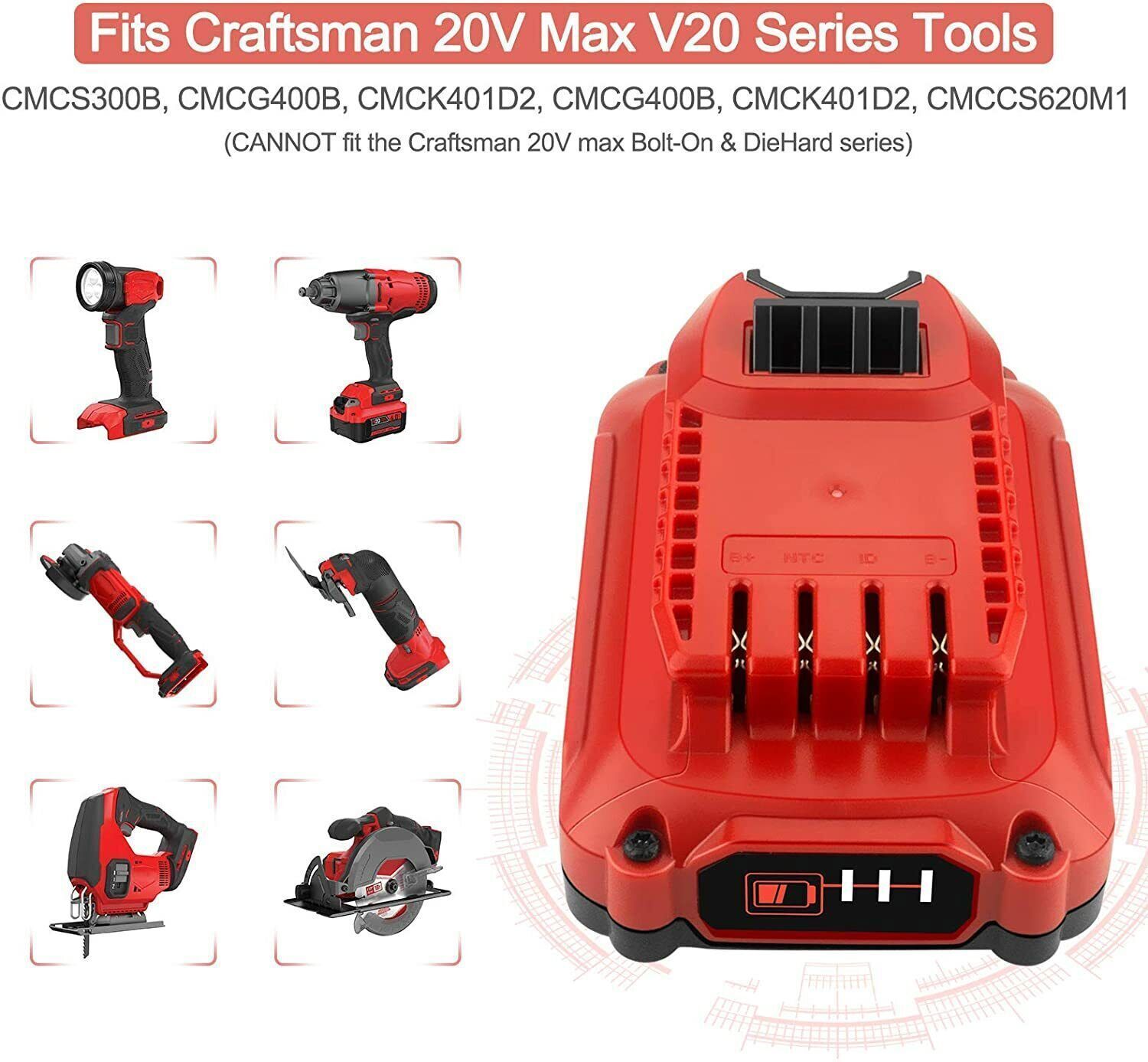 Craftsman For Craftsman 20V 20 Volt MAX Lithium Ion Battery 3.0 AH CMCB202 CMCB201 CMCB204