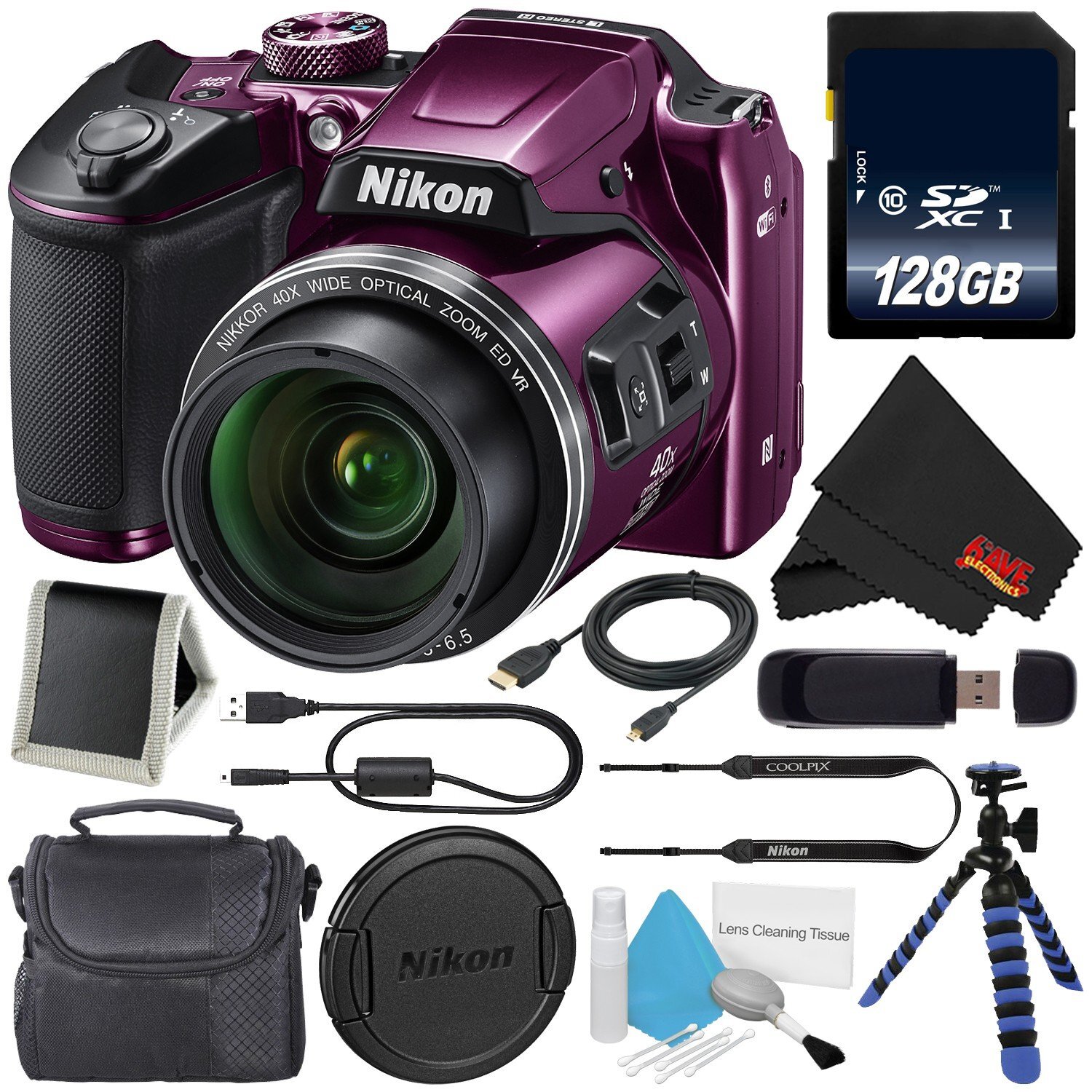B500-3 Nikon COOLPIX B500 Digital Camera (Purple) + 128GB SDXC Class 10 ...